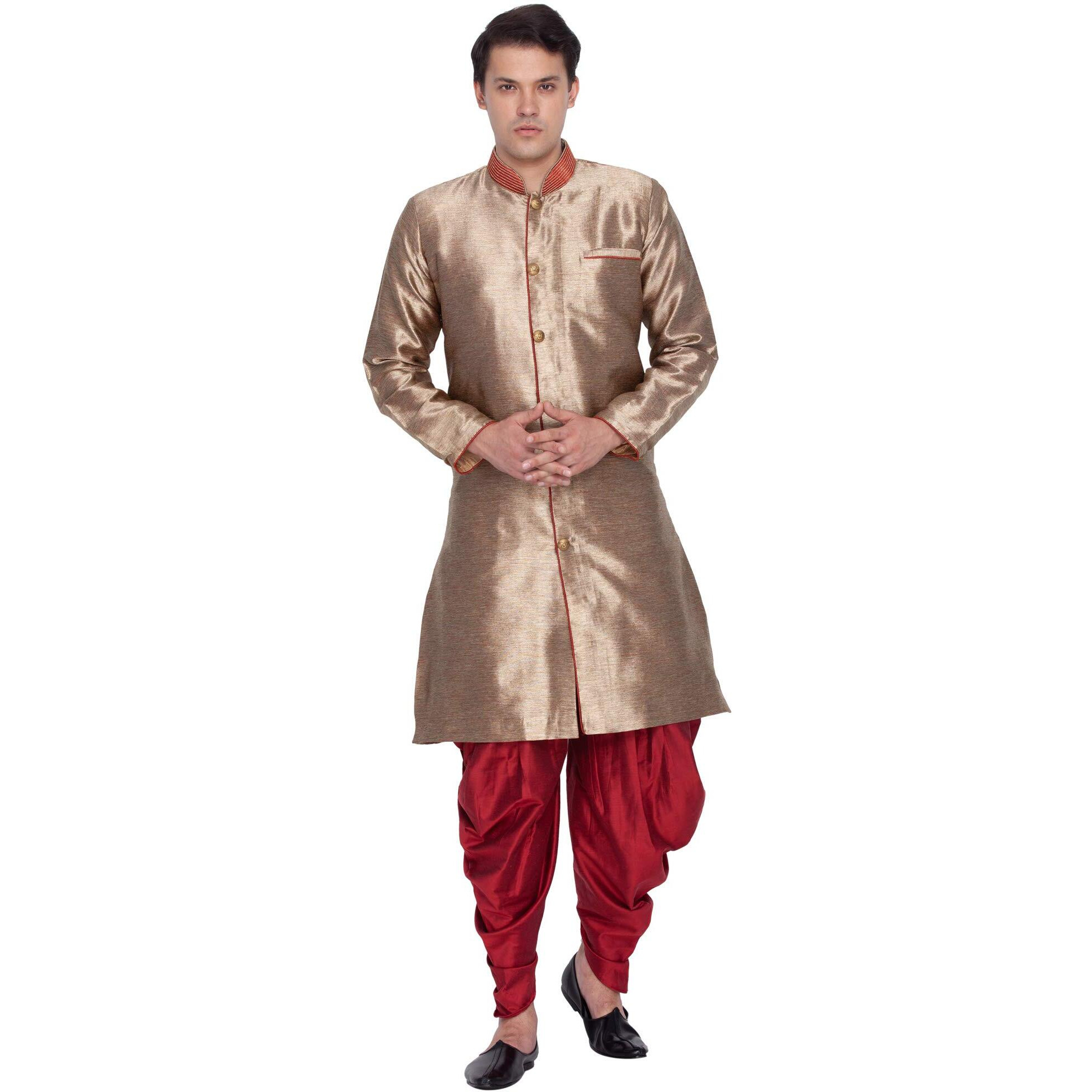 VASTRAMAY Men Silk Sherwani Style Kurta Set Ethnicwear (VASMSW011BnCDMA_38 Colour Gold Size 38)