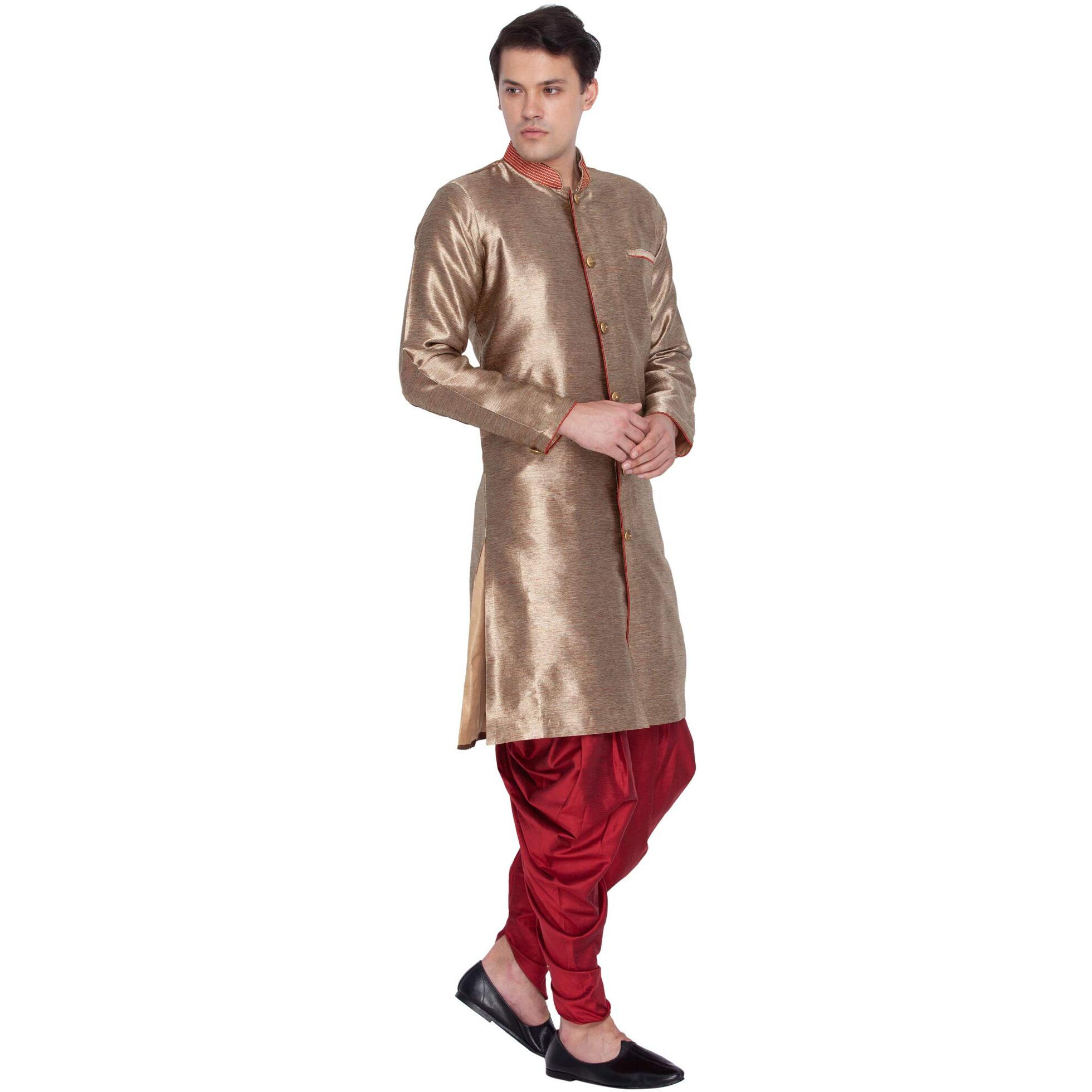 VASTRAMAY Men Silk Sherwani Style Kurta Set Ethnicwear (VASMSW011BnCDMA_38 Colour Gold Size 38)