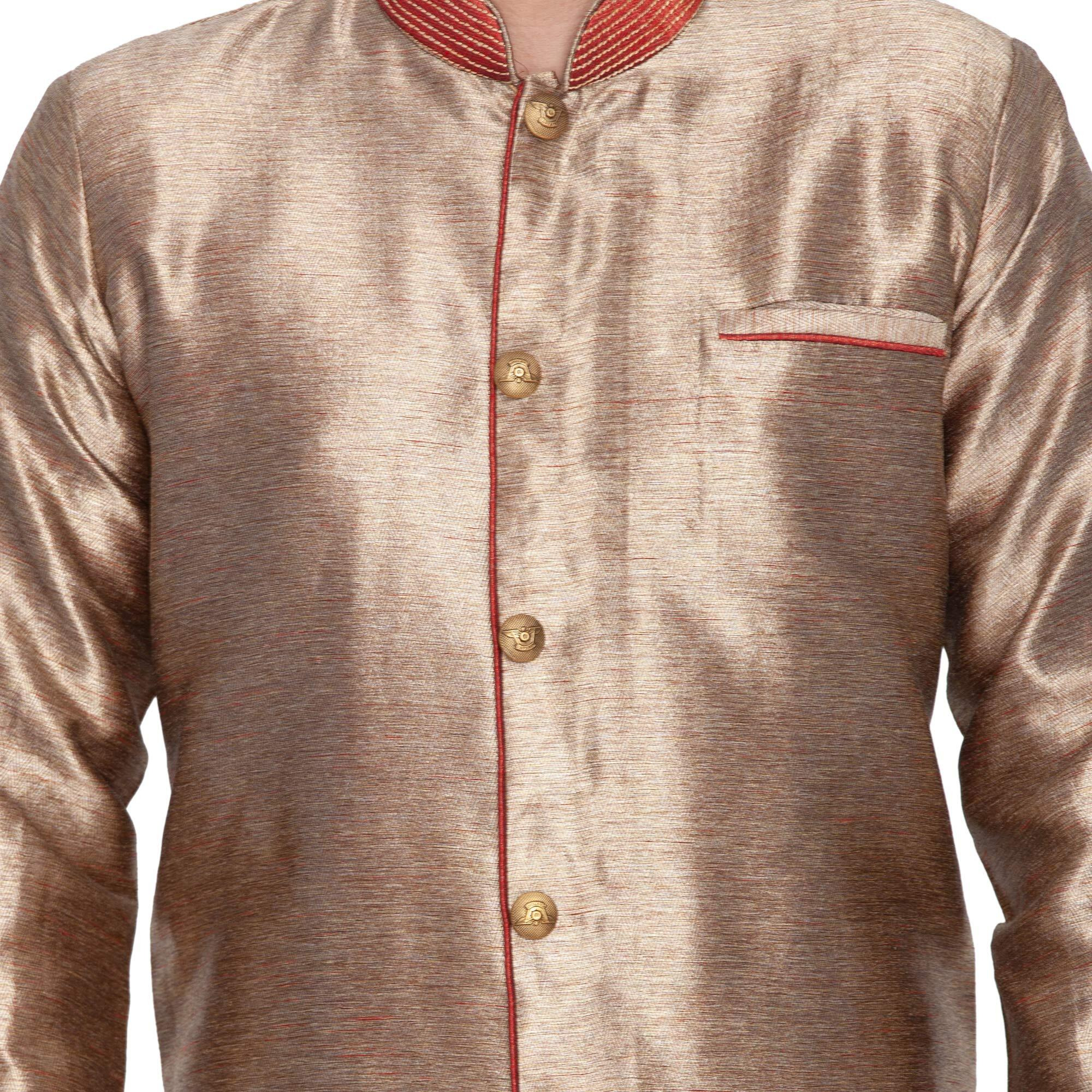 VASTRAMAY Men Silk Sherwani Style Kurta Set Ethnicwear (VASMSW011BnCDMA_38 Colour Gold Size 38)