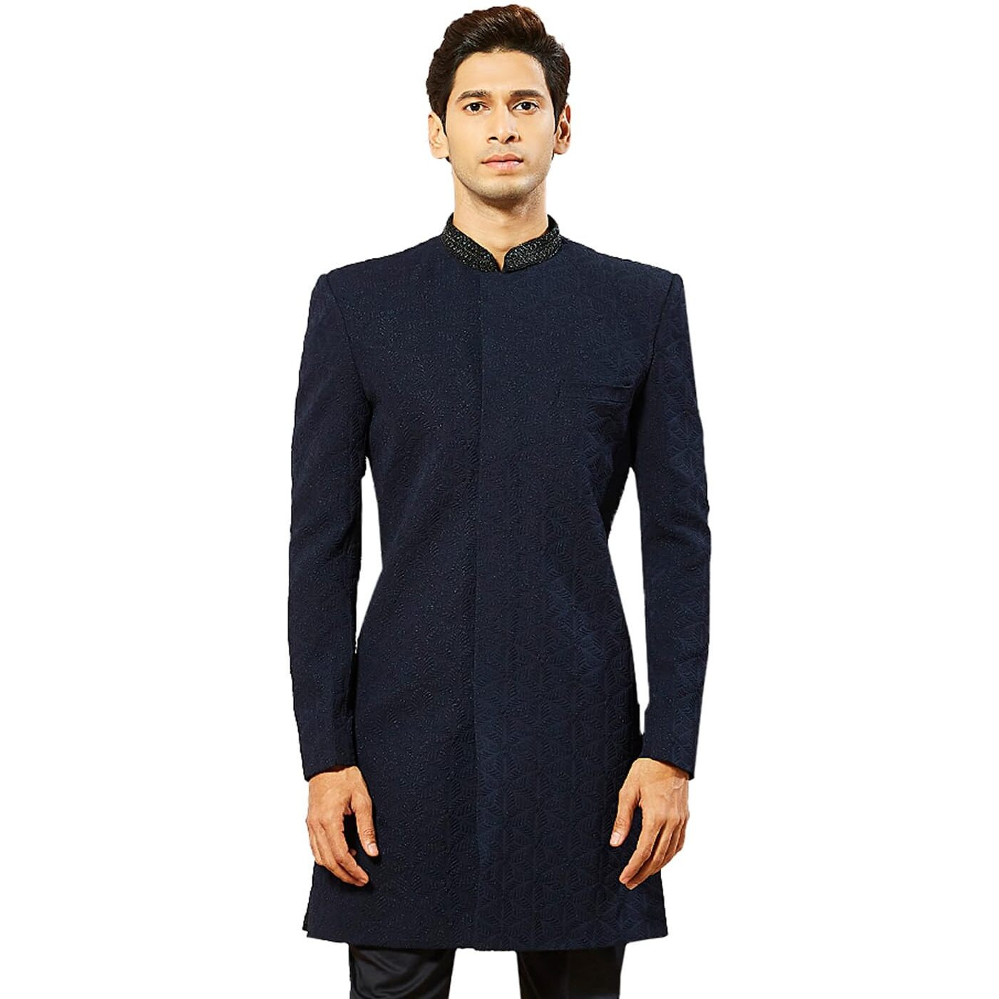 VASTRAMAY Men's Navy Blue Silk Blend Indo Western Top Only, Silk Blend Emboss Fabric Indo Western For Men, Traditional Indian Wear for Weddings & Festivals