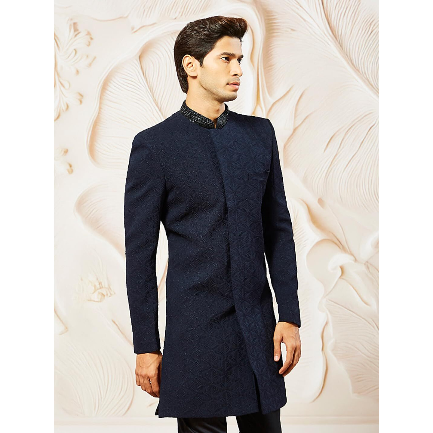 VASTRAMAY Men's Navy Blue Silk Blend Indo Western Top Only, Silk Blend Emboss Fabric Indo Western For Men, Traditional Indian Wear for Weddings & Festivals