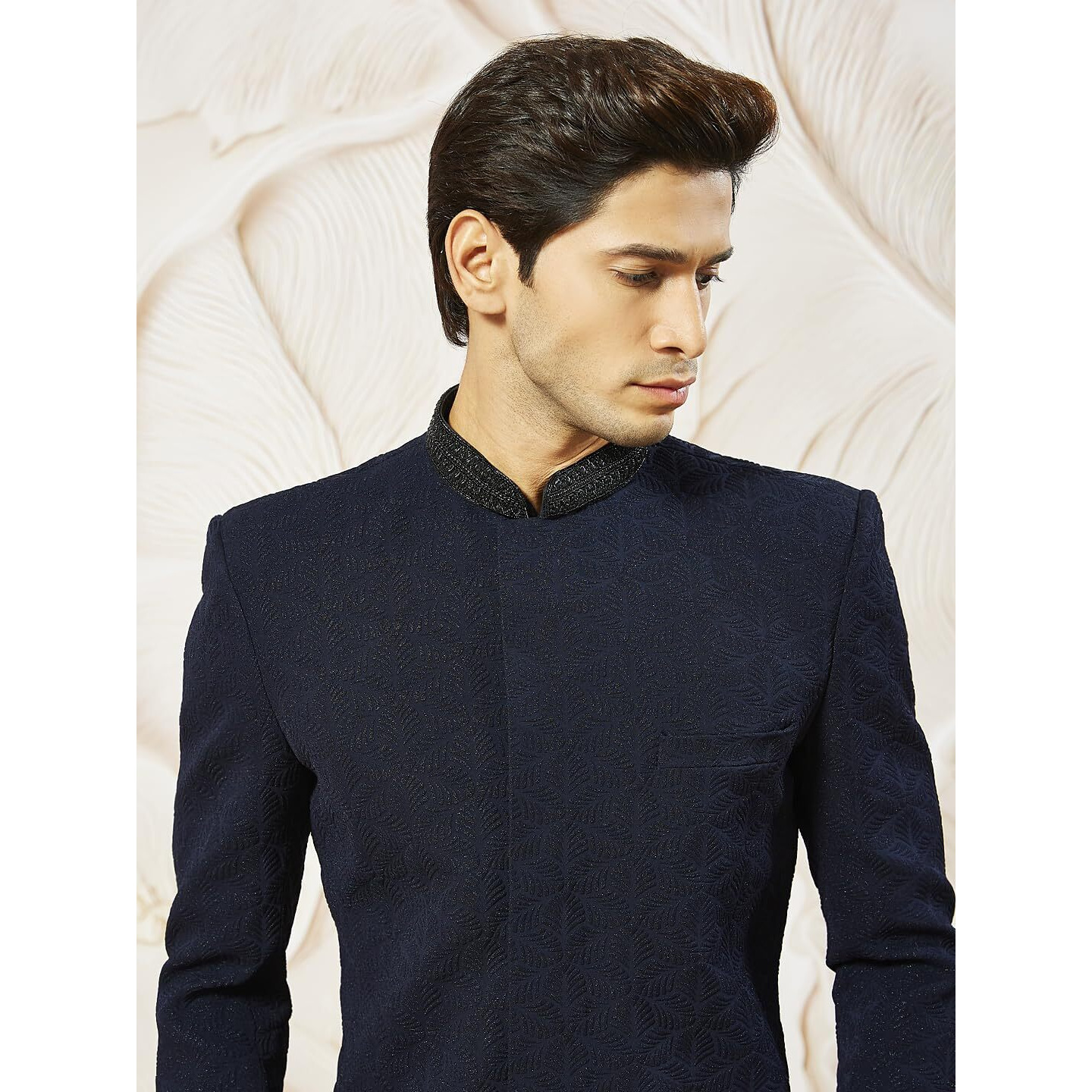 VASTRAMAY Men's Navy Blue Silk Blend Indo Western Top Only, Silk Blend Emboss Fabric Indo Western For Men, Traditional Indian Wear for Weddings & Festivals