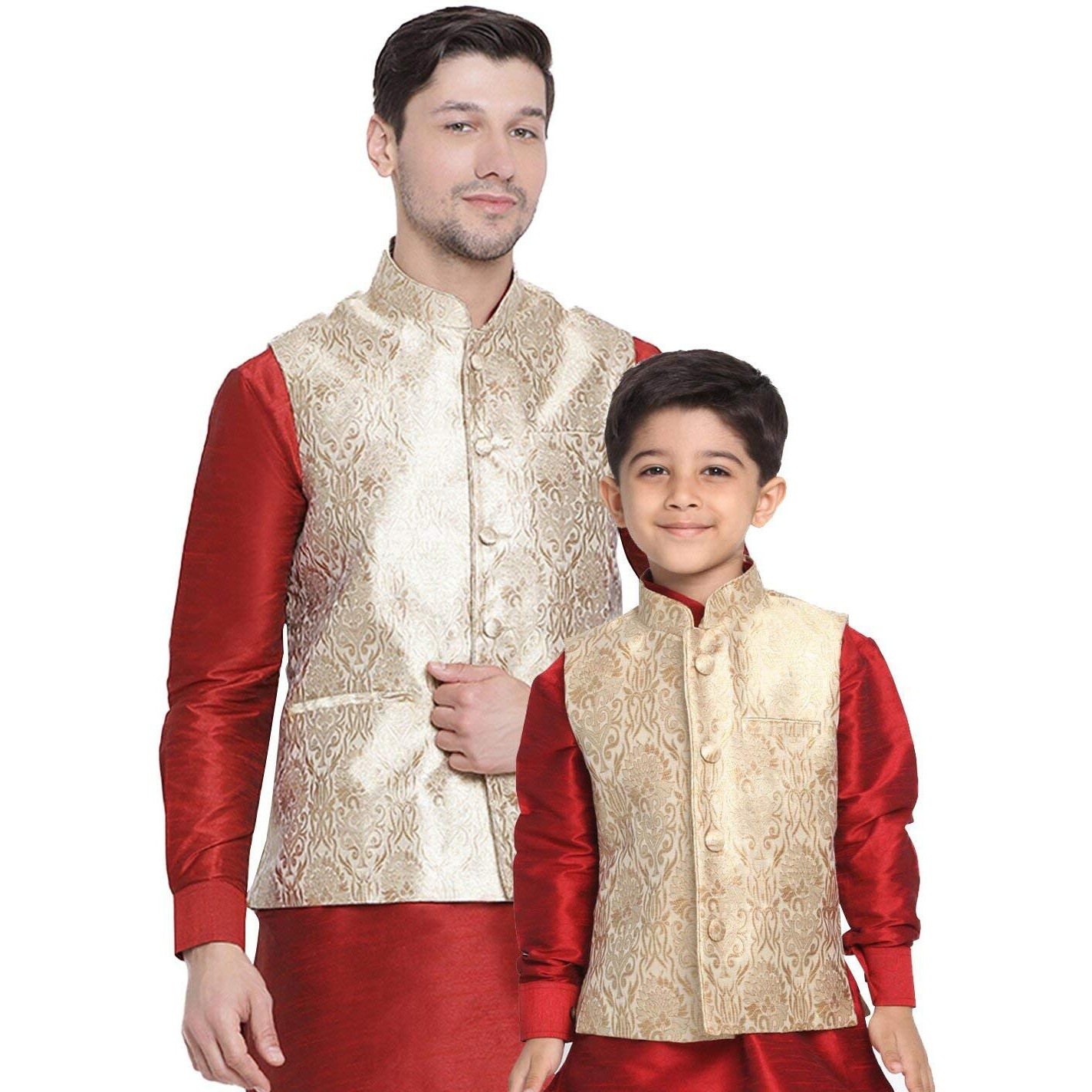 VASTRAMAY Men's Cotton Silk Blend Regular Nehru Jacket (VASBBJ024RG_42/28_Gold_Man Boy-(6-7 Years))