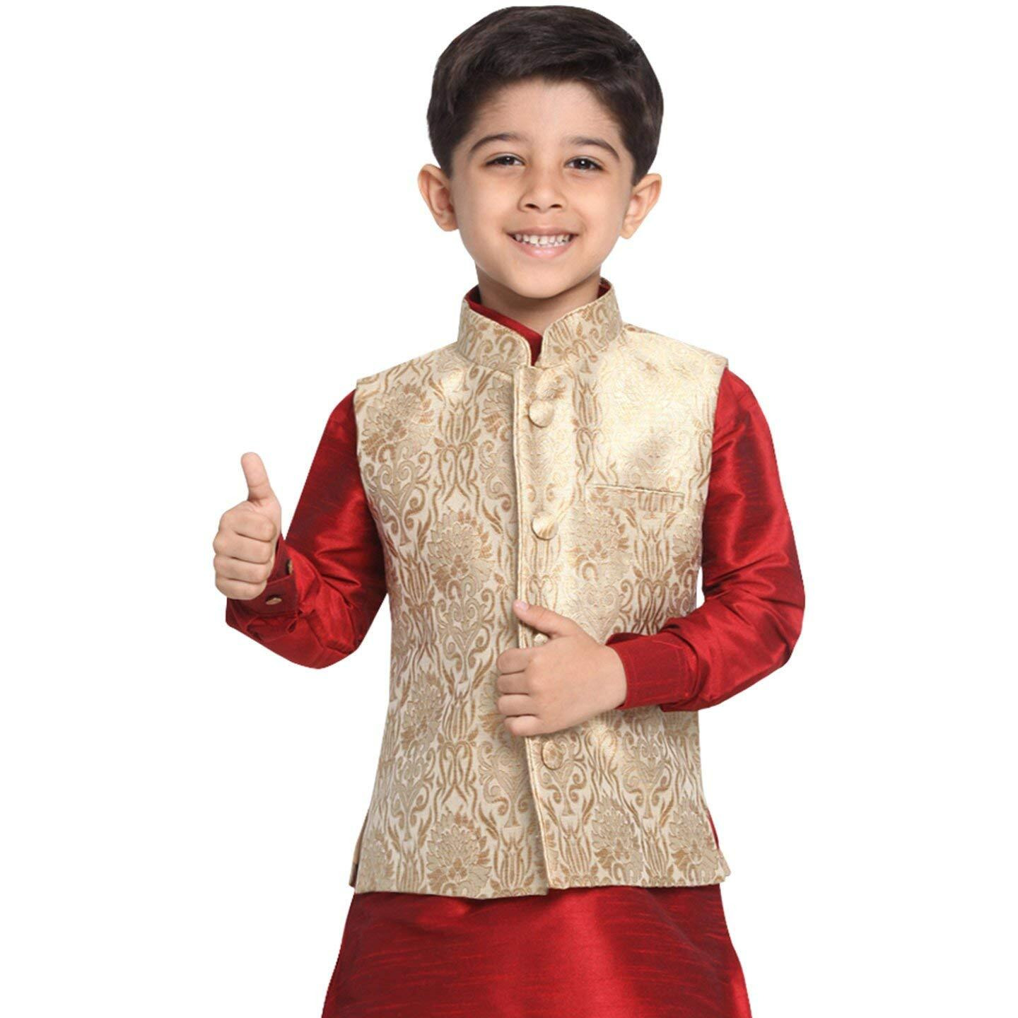 VASTRAMAY Men's Cotton Silk Blend Regular Nehru Jacket (VASBBJ024RG_42/28_Gold_Man Boy-(6-7 Years))