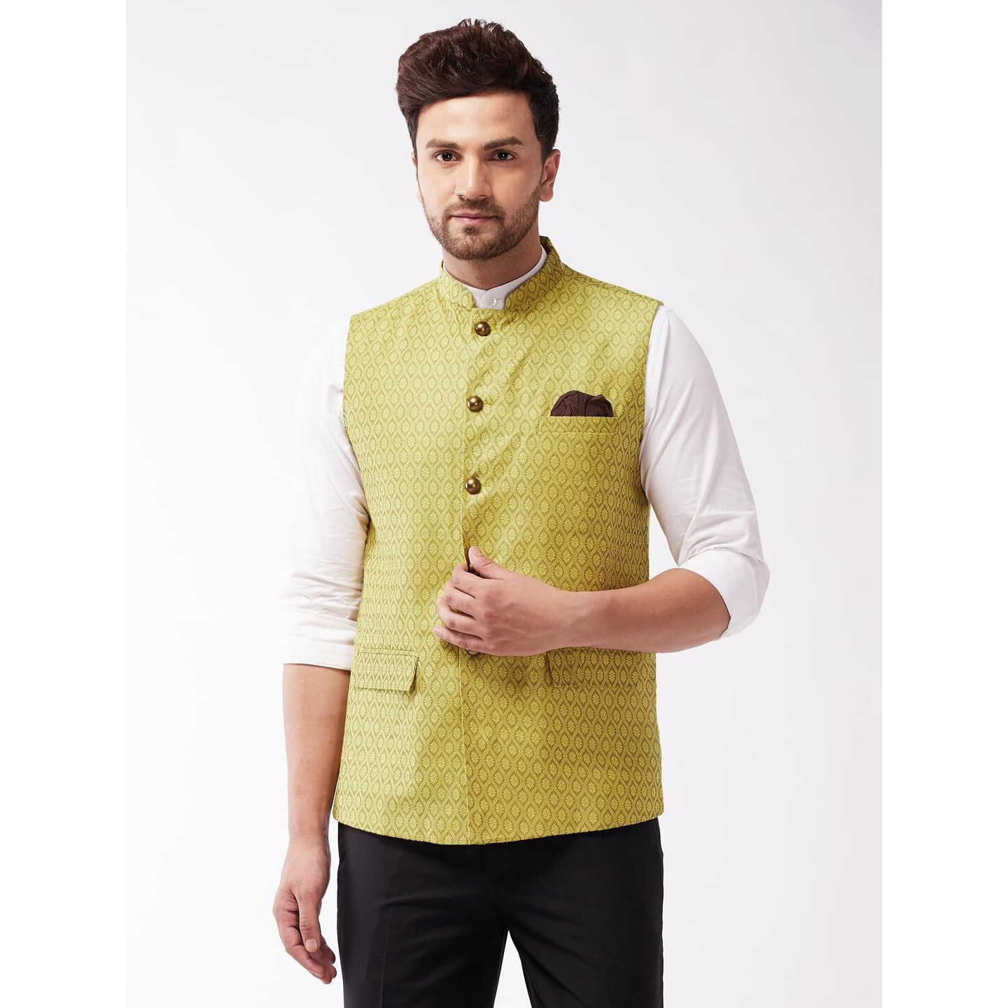 VASTRAMAY Men's Yellow Silk Blend Nehru Jackets_VASMJ105YW_36