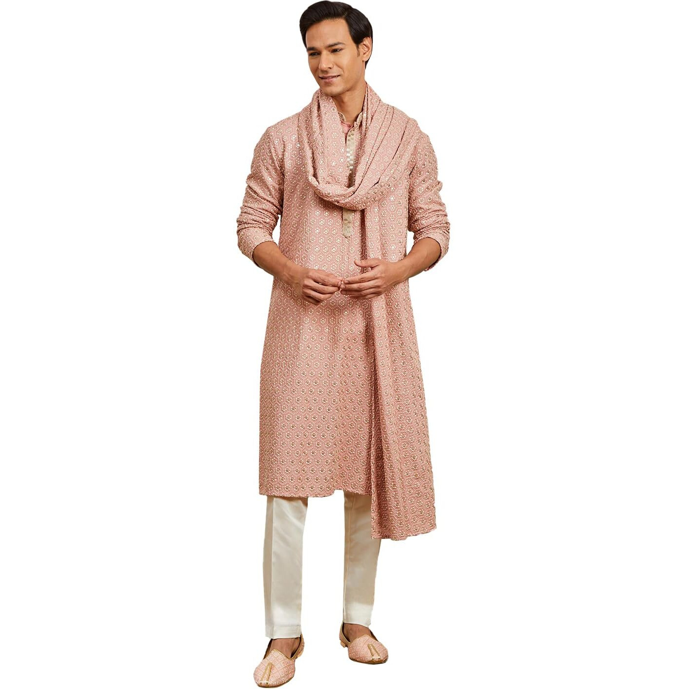 VASTRAMAY Men's Peach Rayon Kurta, Pyjama And Dupatta Set. - This men's kurta, pant, and dupatta set exudes elegance with its intricate design and sophisticated color palette.