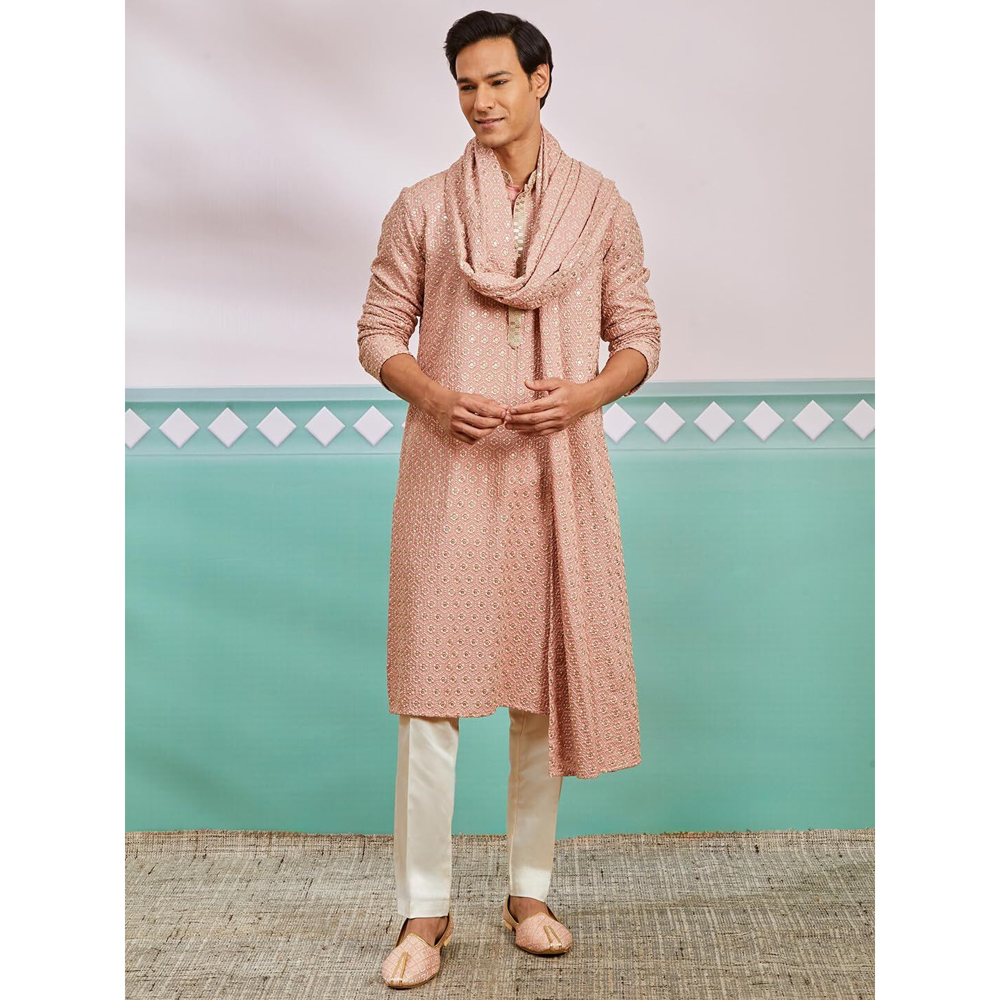 VASTRAMAY Men's Peach Rayon Kurta, Pyjama And Dupatta Set. - This men's kurta, pant, and dupatta set exudes elegance with its intricate design and sophisticated color palette.