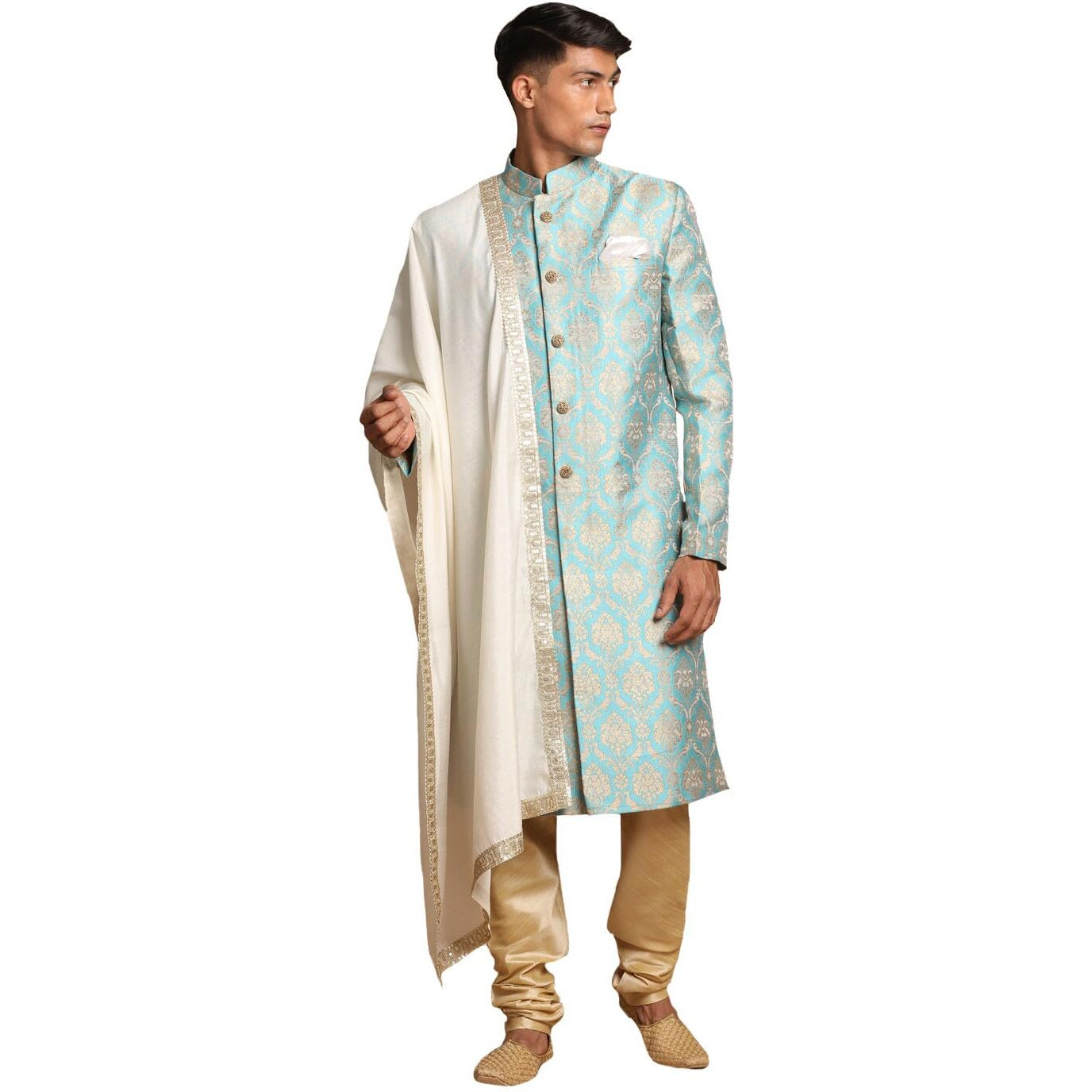 VASTRAMAY Men's Aqua And Gold Silk Blend Sherwani Set - A Set Of Brocade Sherwani And Pyjama With Dupatta