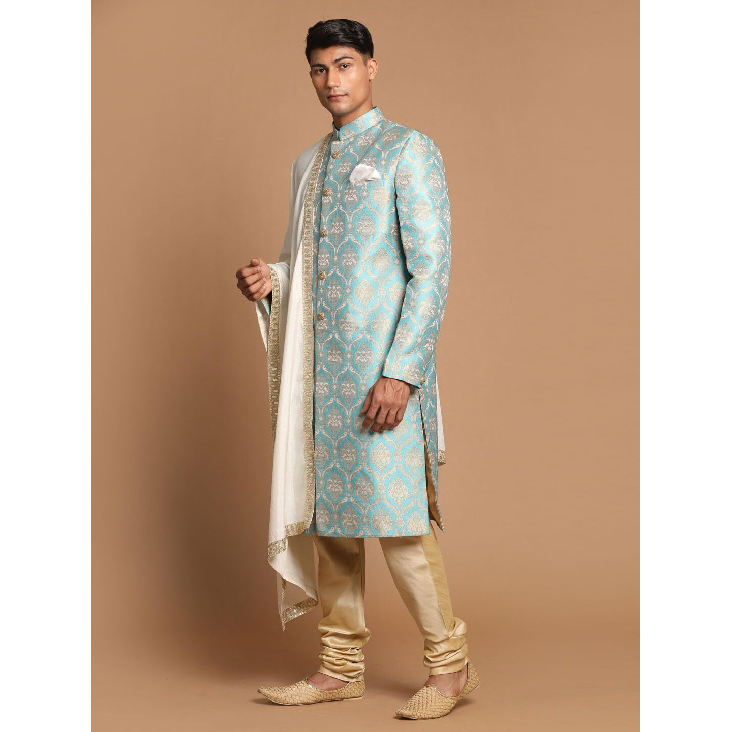 VASTRAMAY Men's Aqua And Gold Silk Blend Sherwani Set - A Set Of Brocade Sherwani And Pyjama With Dupatta