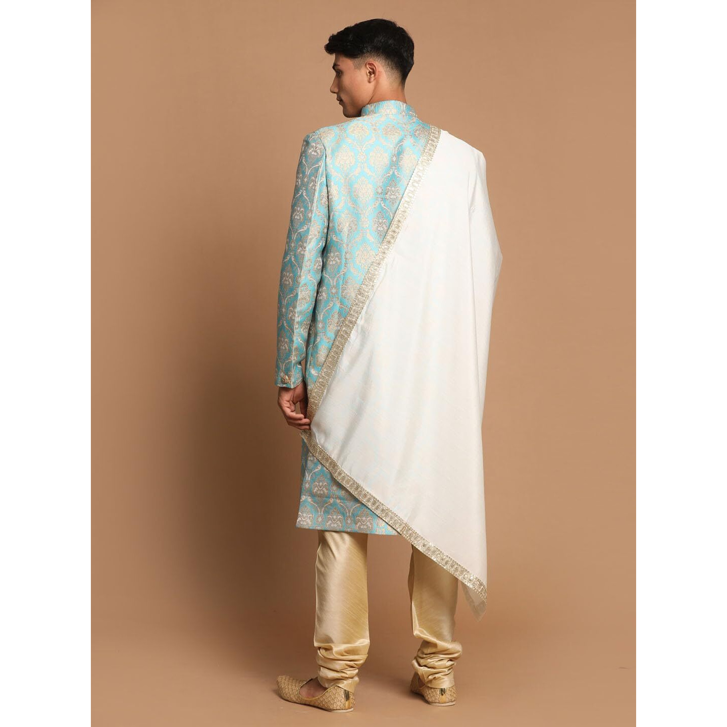 VASTRAMAY Men's Aqua And Gold Silk Blend Sherwani Set - A Set Of Brocade Sherwani And Pyjama With Dupatta