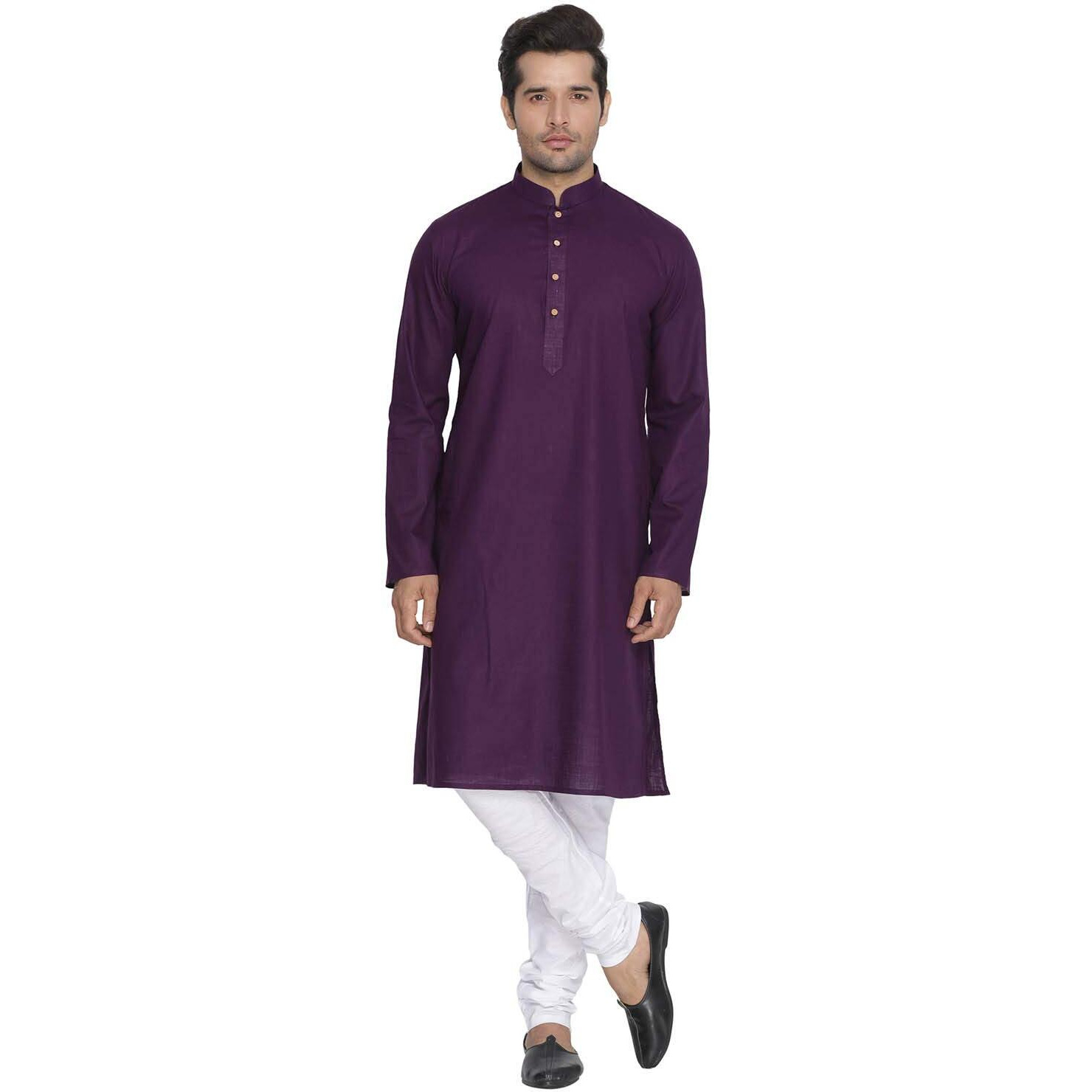 VASTRAMAY Men's Purple Cotton Linen Blend Kurta Pyjama Set  Solid Ethnic Wear with Mandarin Collar & Churidar, Comfortable for Weddings, Festivals & Special Occasions