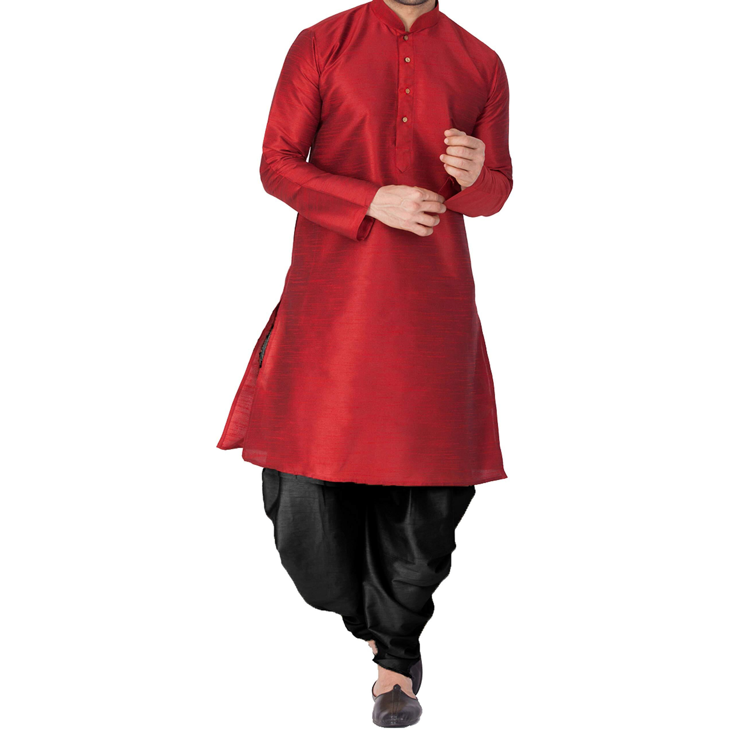 VASTRAMAY Men Cotton Silk Kurta and Cowl Dhoti Pant Set (Maroon_VASMKMA001nCDBL_42)