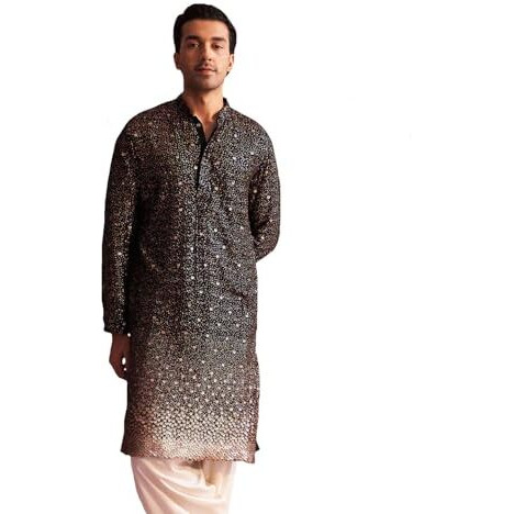 VASTRAMAY Men's Black Georgette Kurta_VSHRMK229BL_38