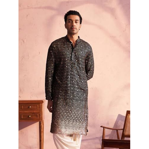VASTRAMAY Men's Black Georgette Kurta_VSHRMK229BL_38