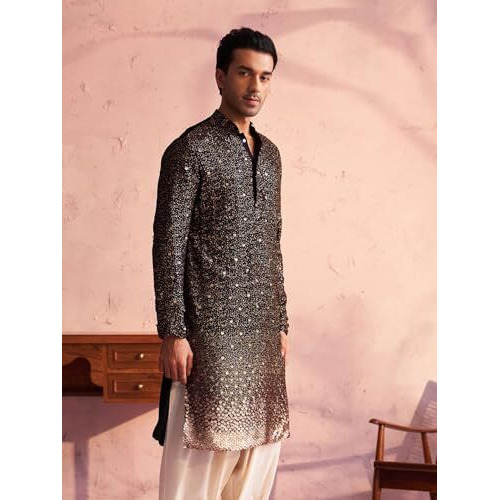 VASTRAMAY Men's Black Georgette Kurta_VSHRMK229BL_38