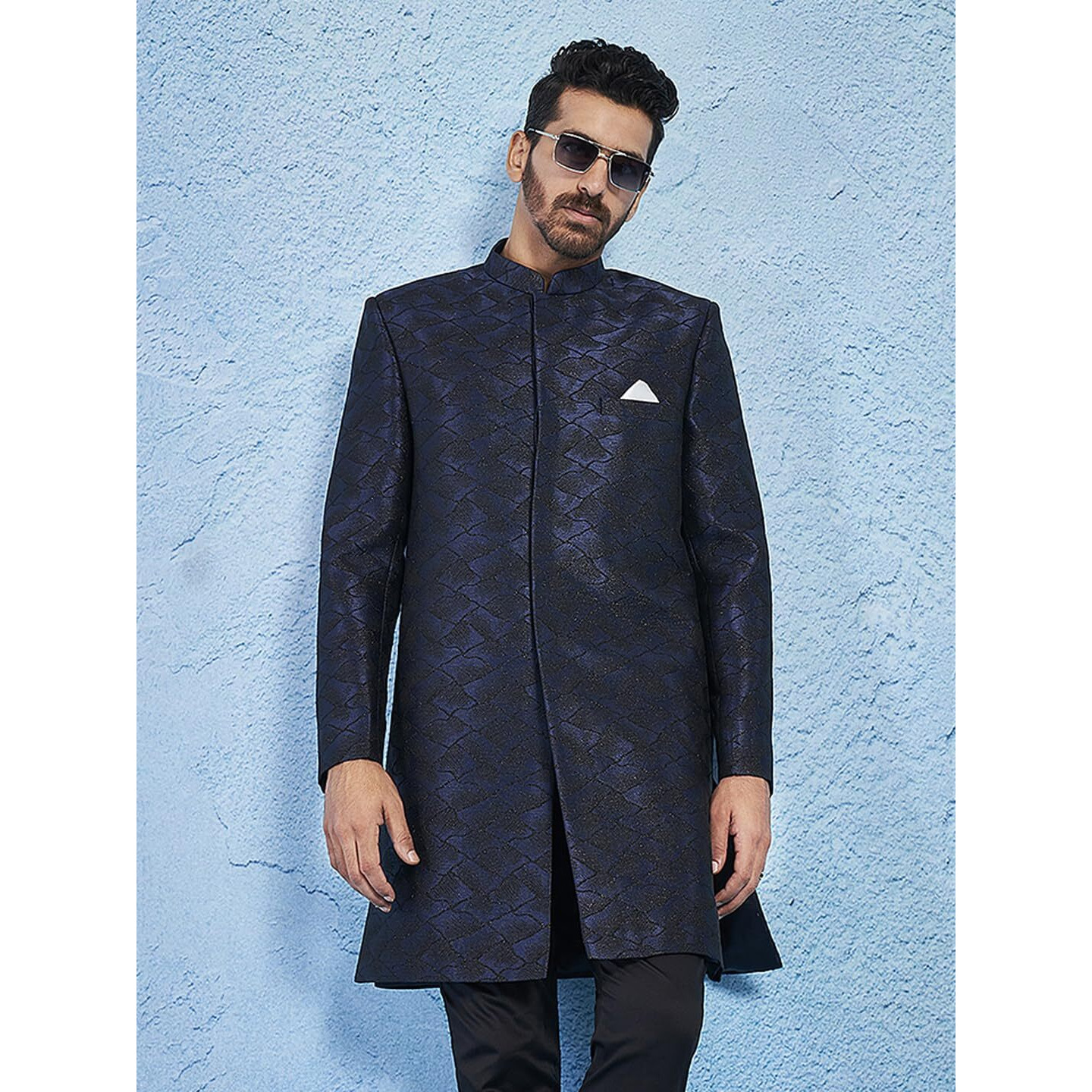 VASTRAMAY Men's Navy Blue Silk Blend Sherwani Only Top - Silk Blend Jacquard Indo Western