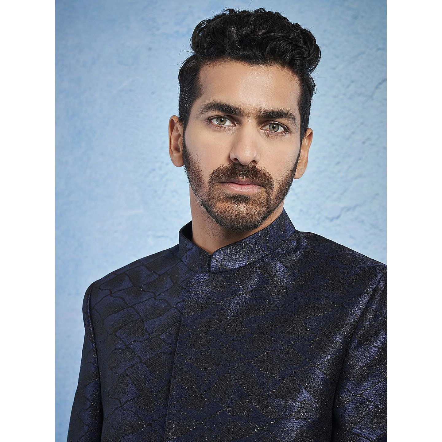 VASTRAMAY Men's Navy Blue Silk Blend Sherwani Only Top - Silk Blend Jacquard Indo Western