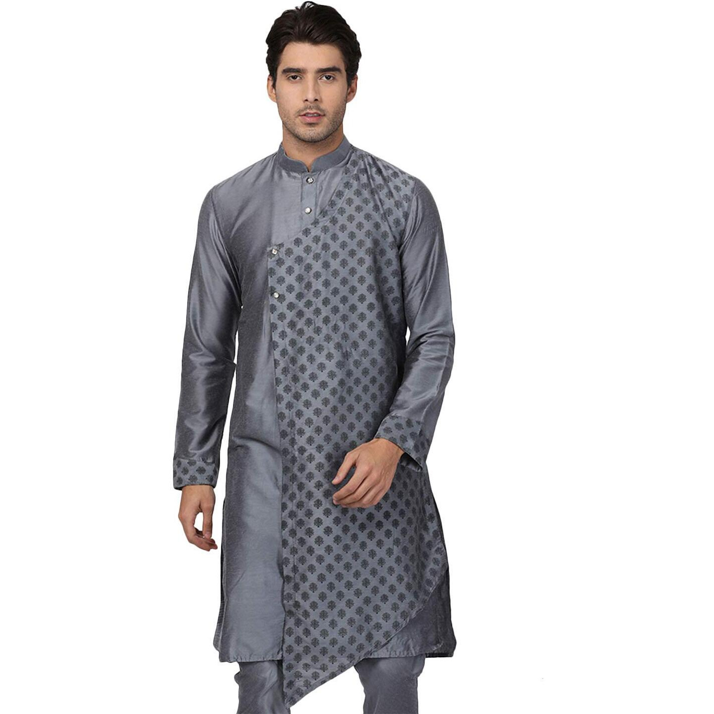 VASTRAMAY Men's Grey Cotton Silk Blend Kurta_VASMK059GY_36