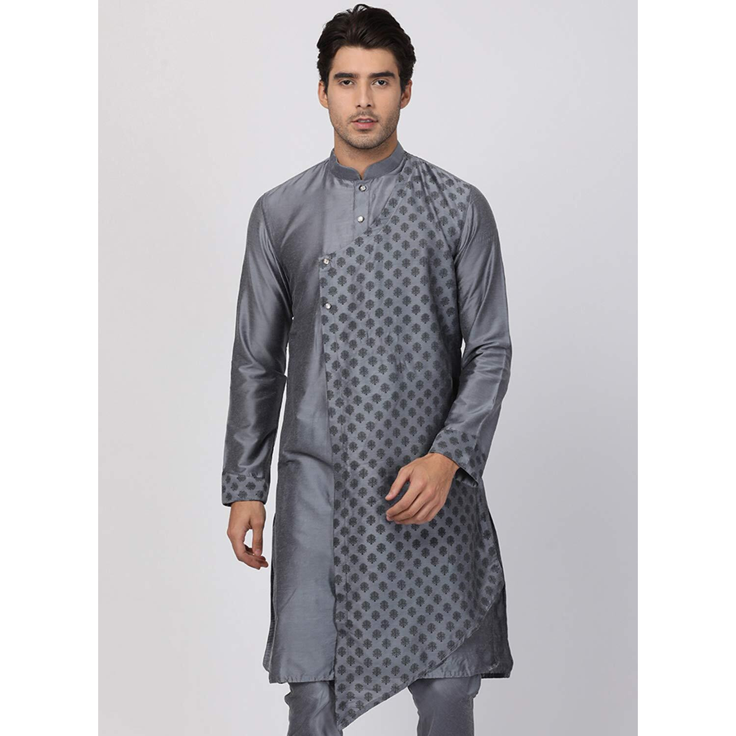 VASTRAMAY Men's Grey Cotton Silk Blend Kurta_VASMK059GY_36