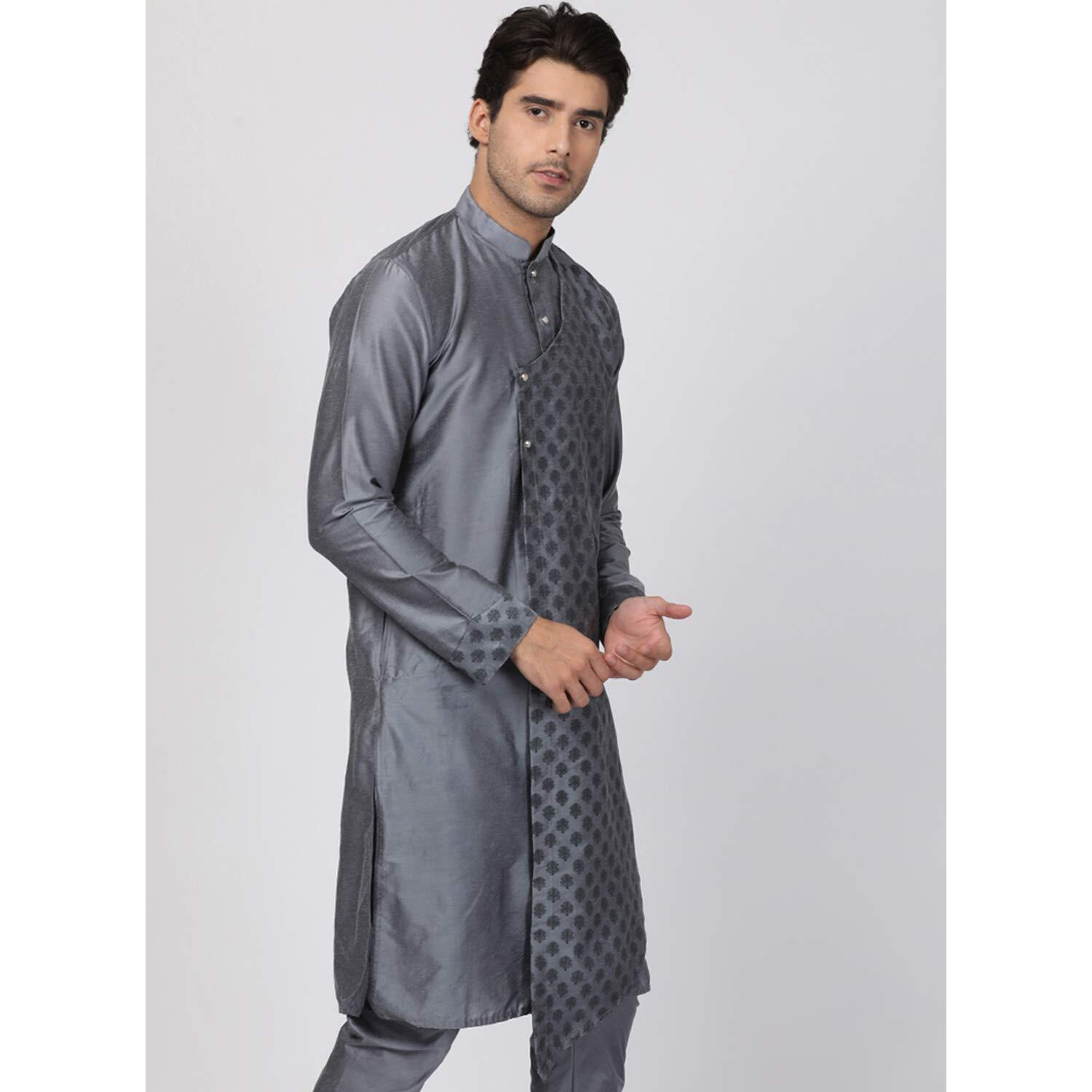 VASTRAMAY Men's Grey Cotton Silk Blend Kurta_VASMK059GY_36