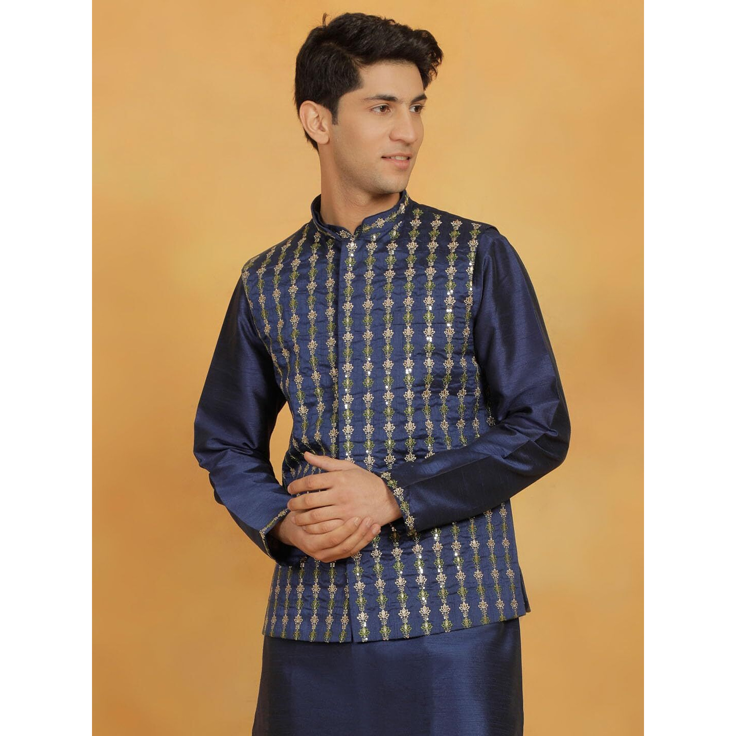 VASTRAMAY Men's Nehru Jacket I Allover Sequined Embroidered Jacket Regular Nehru Jacket I Fastive Party Wedding Neharu Jackets_VASMJ309NB_40