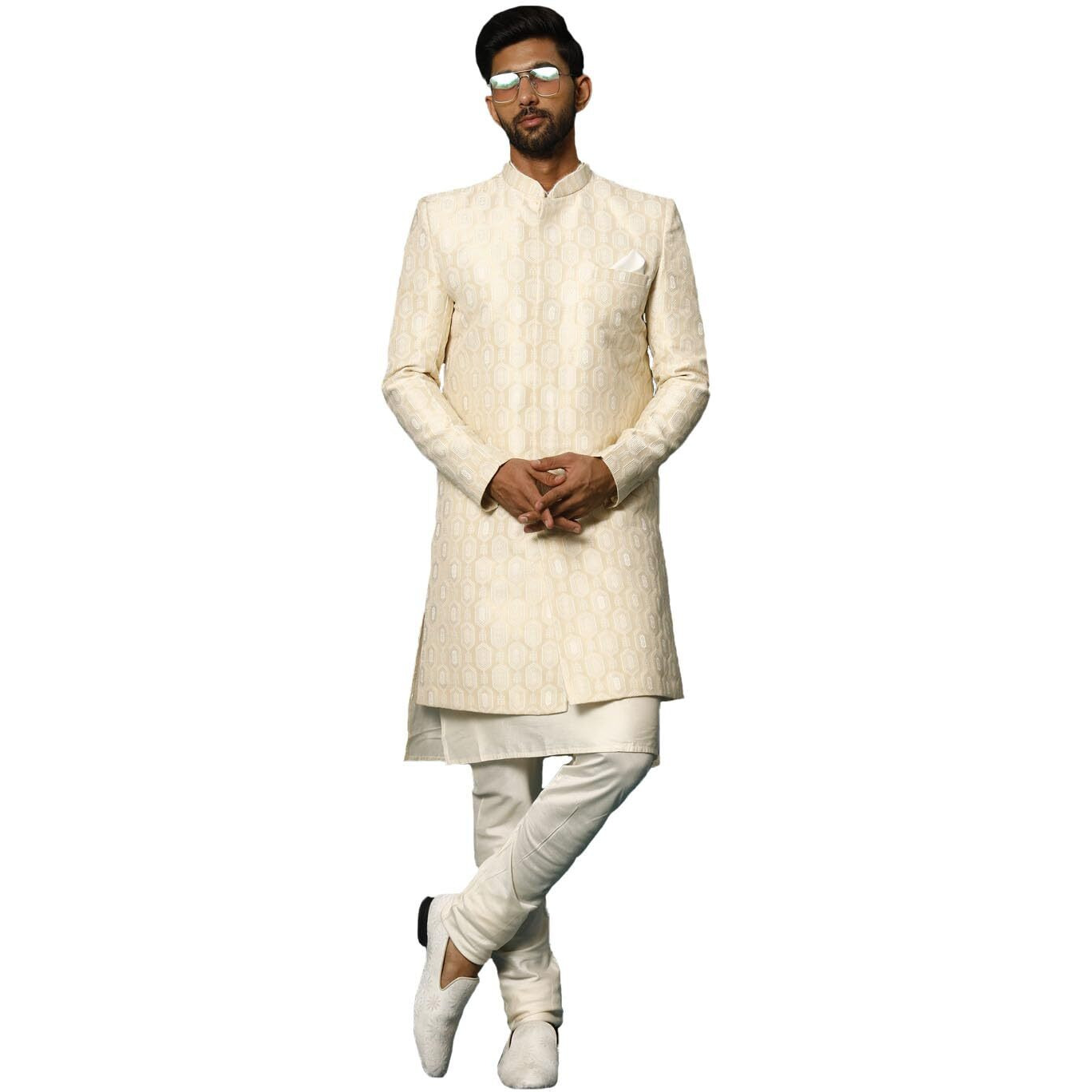 VASTRAMAY Men's Beige And Cream Viscose Sherwani Set_VASMIW252BGnK169CRnVPCR_36
