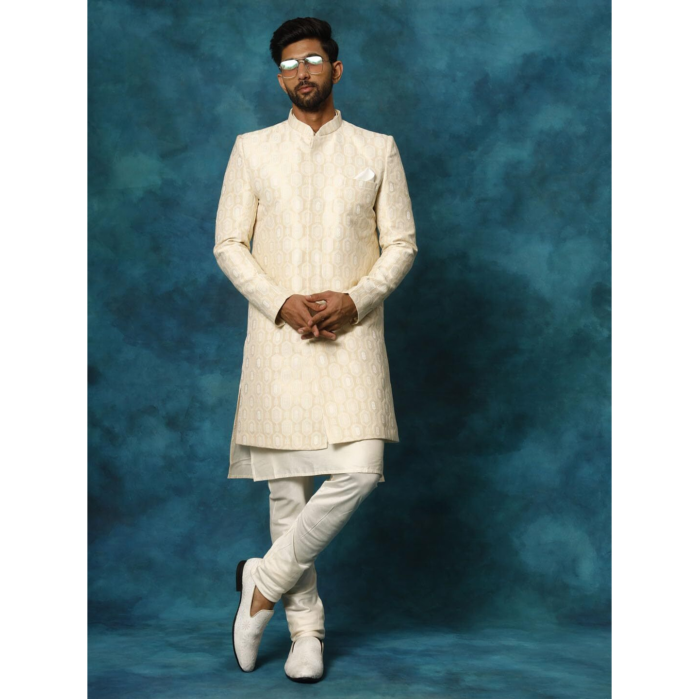VASTRAMAY Men's Beige And Cream Viscose Sherwani Set_VASMIW252BGnK169CRnVPCR_36