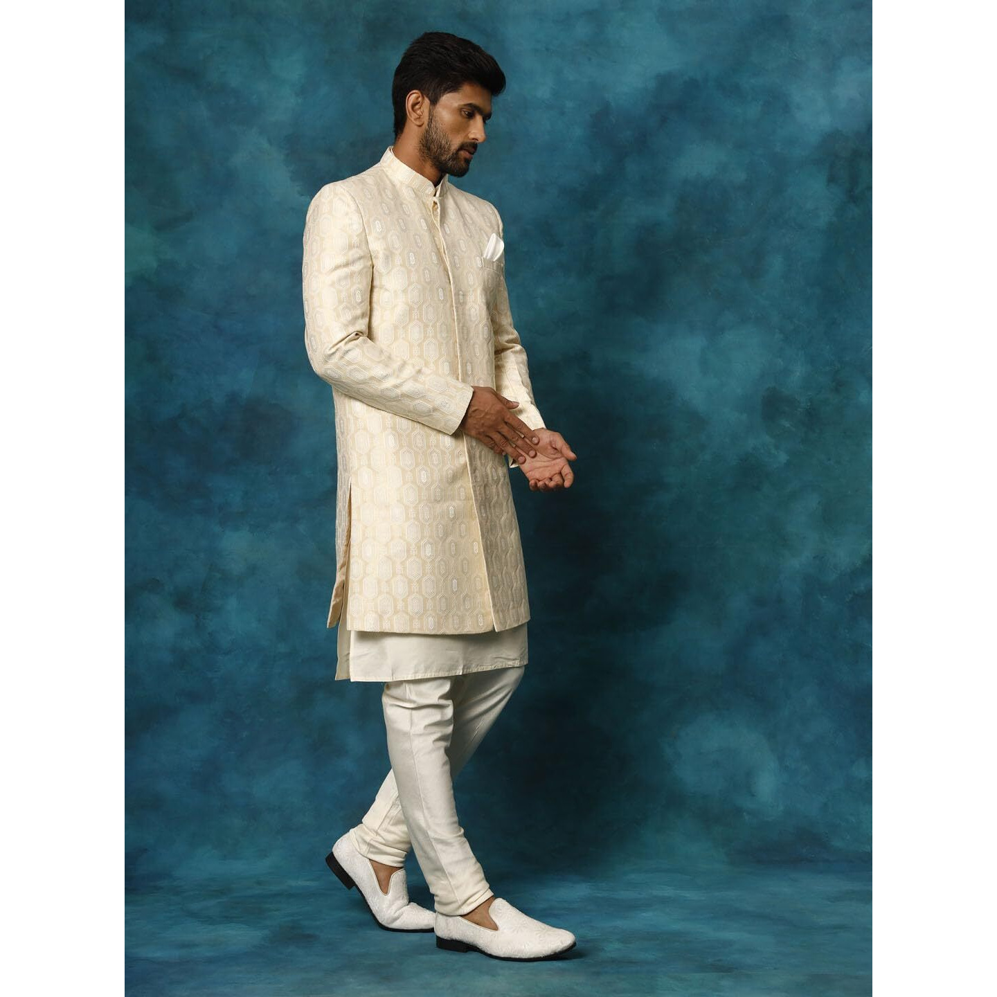 VASTRAMAY Men's Beige And Cream Viscose Sherwani Set_VASMIW252BGnK169CRnVPCR_36