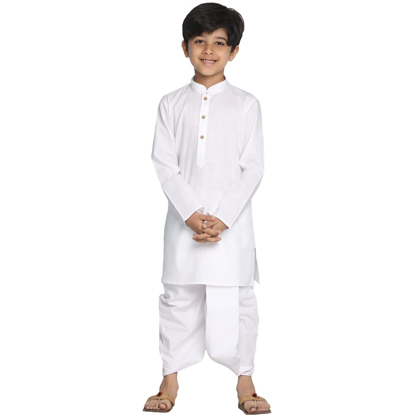 VASTRAMAY Boys' White Kurta and Dhoti Set | Classic Cotton Solid Kurta With Pleated Dhoti Pant | Perfect Ethnic Wear for South Indian Festivals