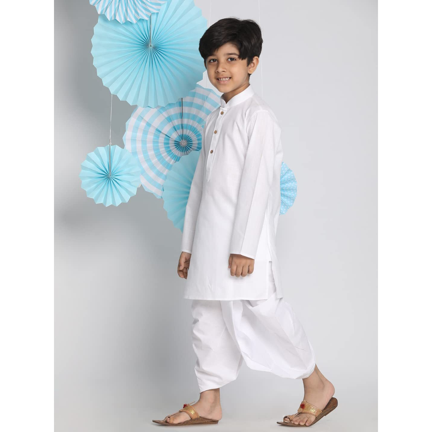 VASTRAMAY Boys' White Kurta and Dhoti Set | Classic Cotton Solid Kurta With Pleated Dhoti Pant | Perfect Ethnic Wear for South Indian Festivals