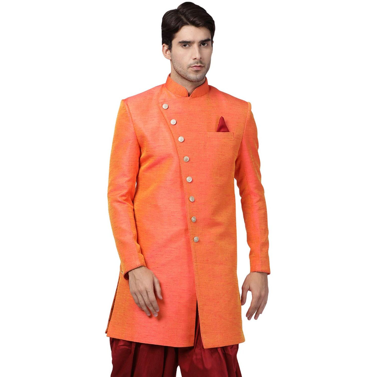 VASTRAMAY Men's Orange Silk Blend Sherwani Only Top_VASMIW005OR_38