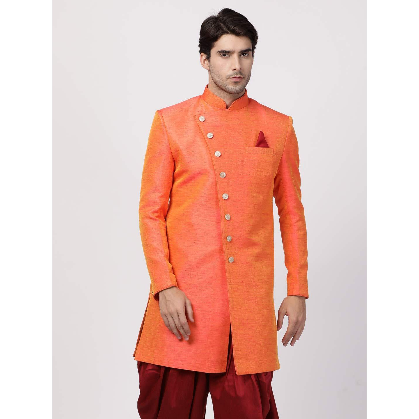 VASTRAMAY Men's Orange Silk Blend Sherwani Only Top_VASMIW005OR_38