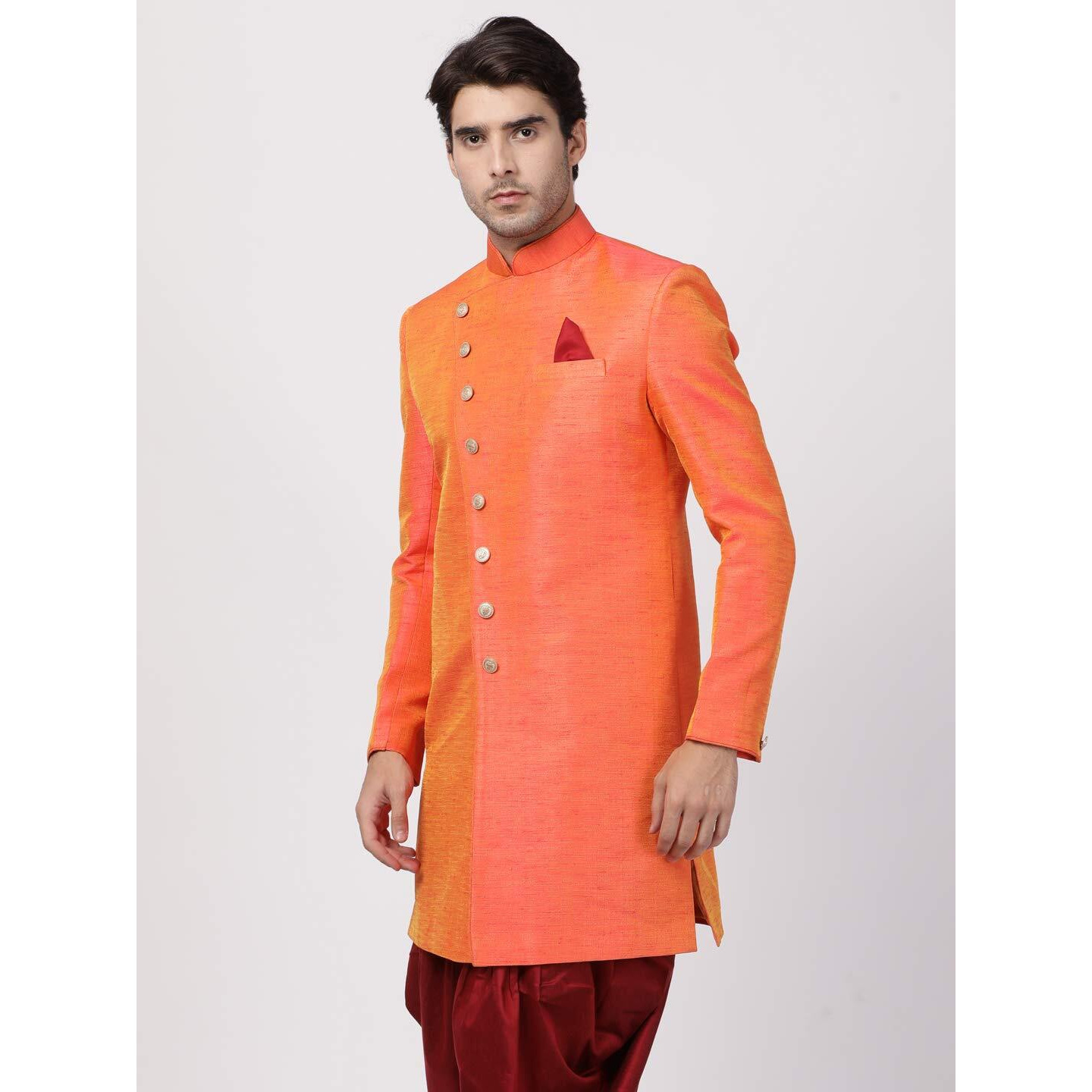 VASTRAMAY Men's Orange Silk Blend Sherwani Only Top_VASMIW005OR_38