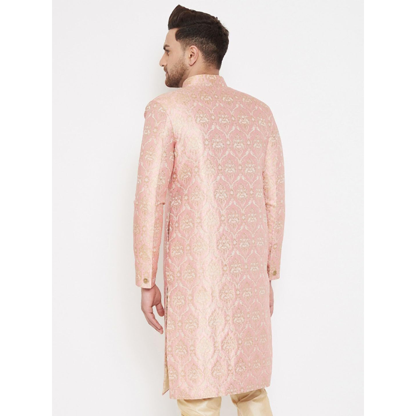 VASTRAMAY Men's Pink Silk Blend Sherwani Only Top - Brocade Sherwani