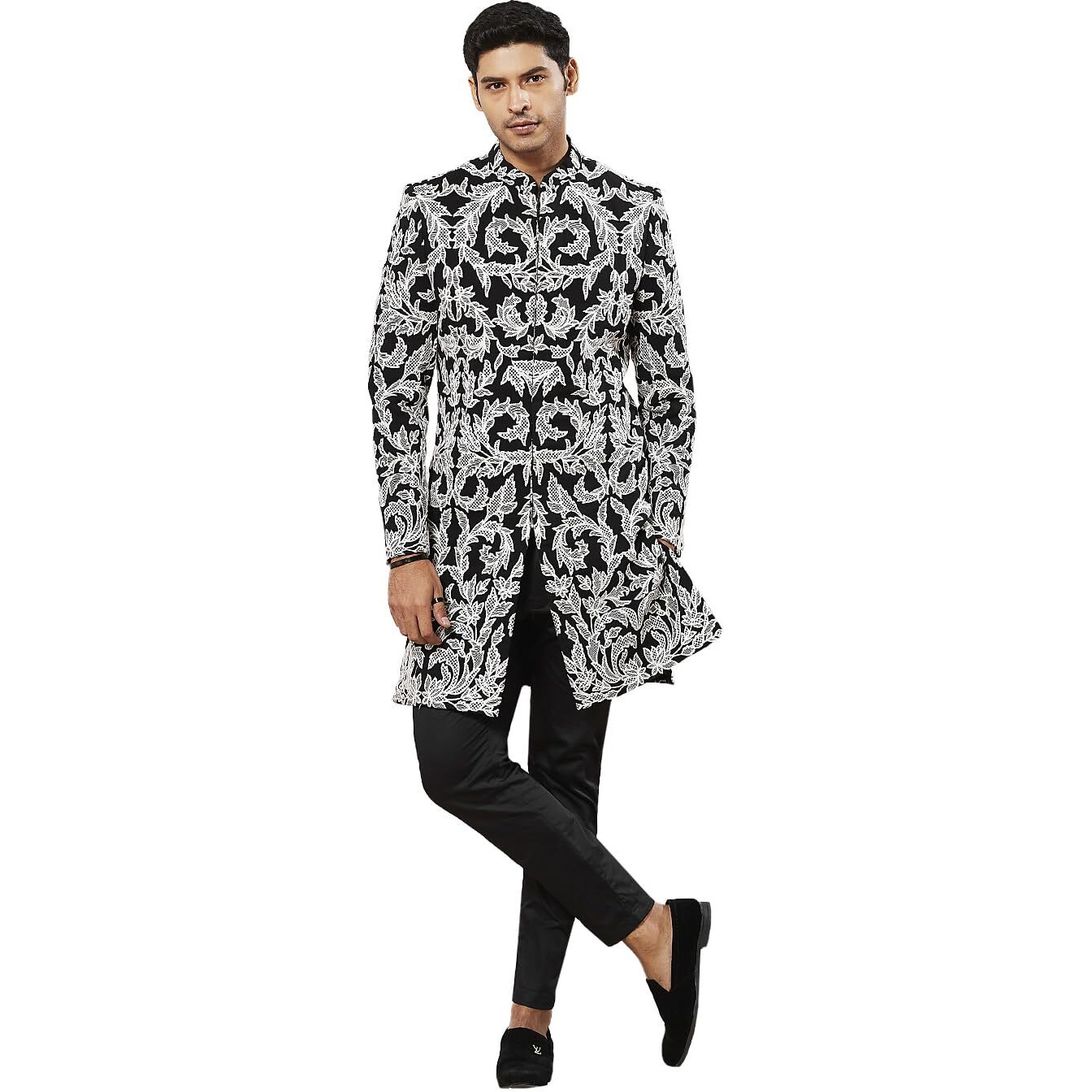 VASTRAMAY Men's Black Fox Geogette Indo Western And Pant Set, Allover Embroidered Sherwani And Pyjama Set For Men, Traditional Indian Wear for Weddings & Festivals