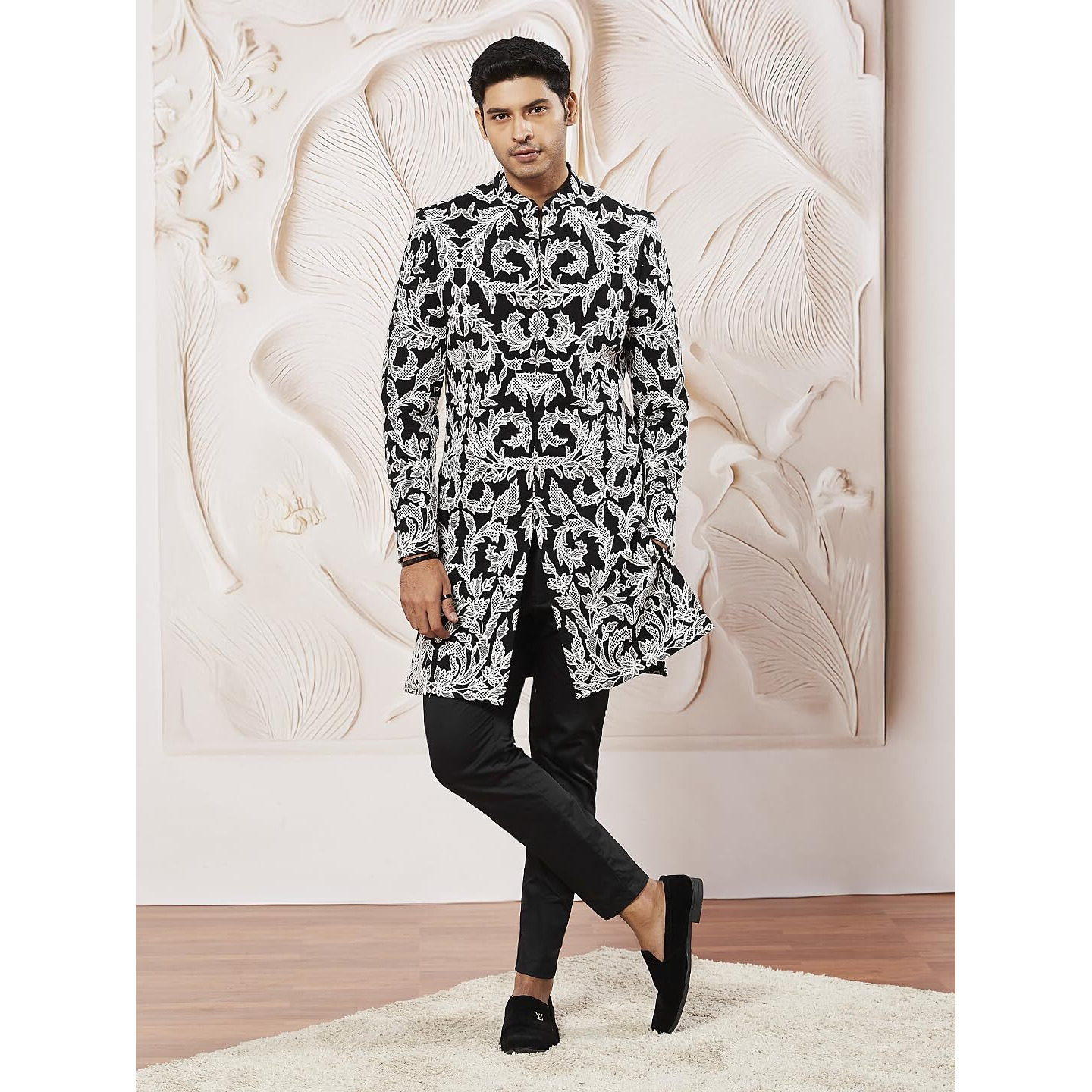 VASTRAMAY Men's Black Fox Geogette Indo Western And Pant Set, Allover Embroidered Sherwani And Pyjama Set For Men, Traditional Indian Wear for Weddings & Festivals