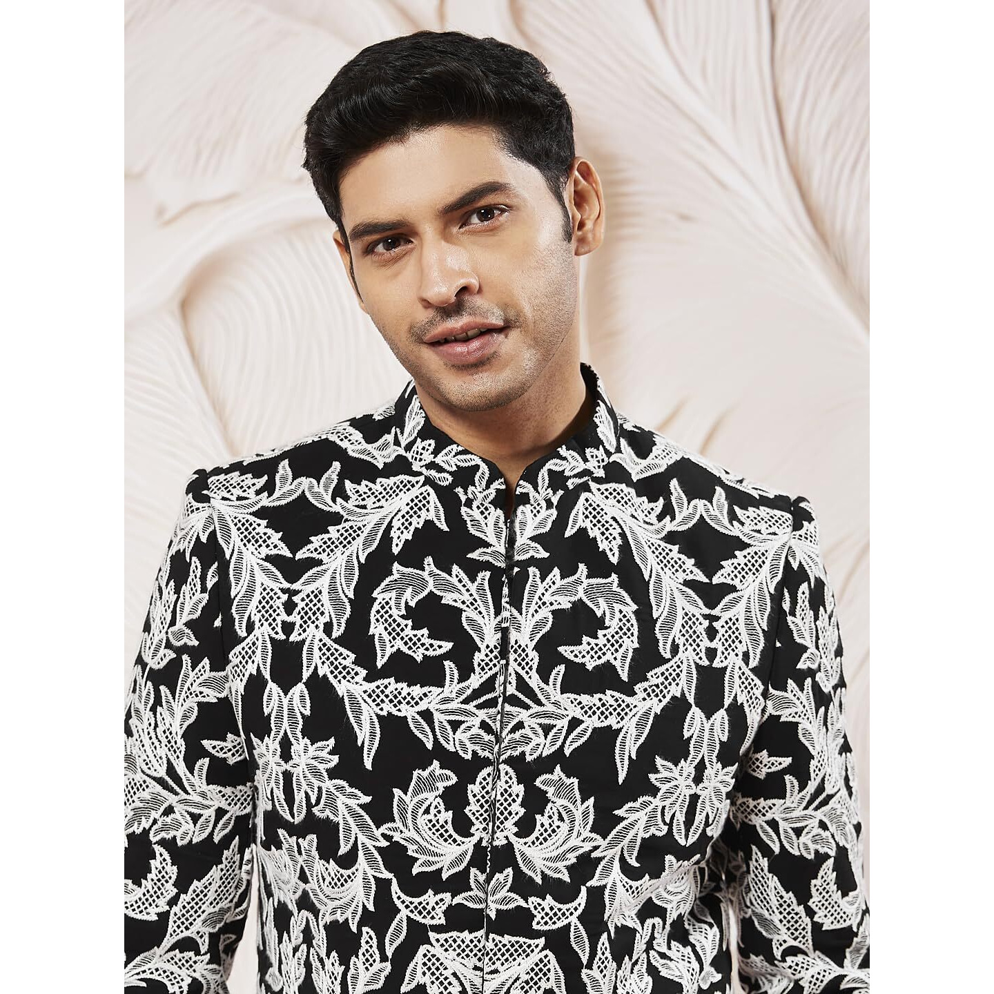 VASTRAMAY Men's Black Fox Geogette Indo Western And Pant Set, Allover Embroidered Sherwani And Pyjama Set For Men, Traditional Indian Wear for Weddings & Festivals