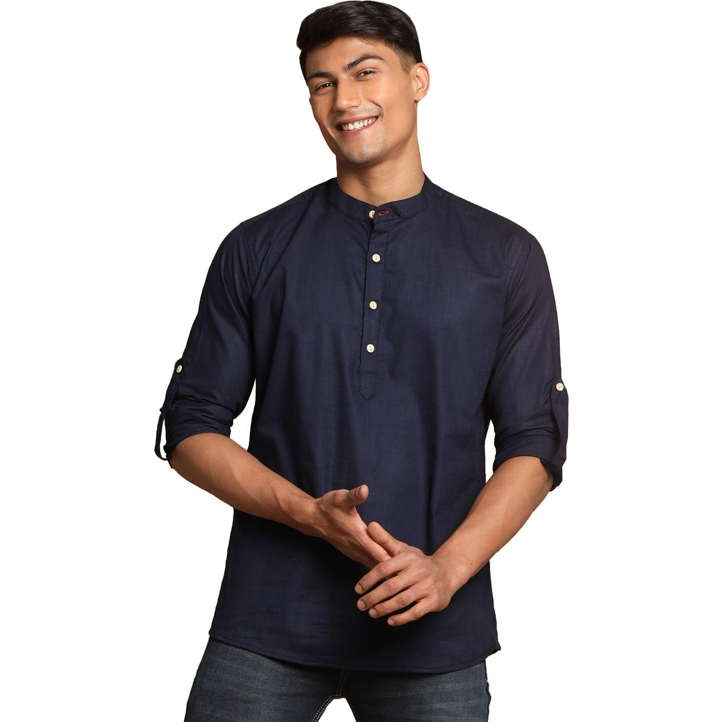 VASTRAMAY Men's Navy Blue Cotton Blend Short Kurta-VASMXK015NB_42