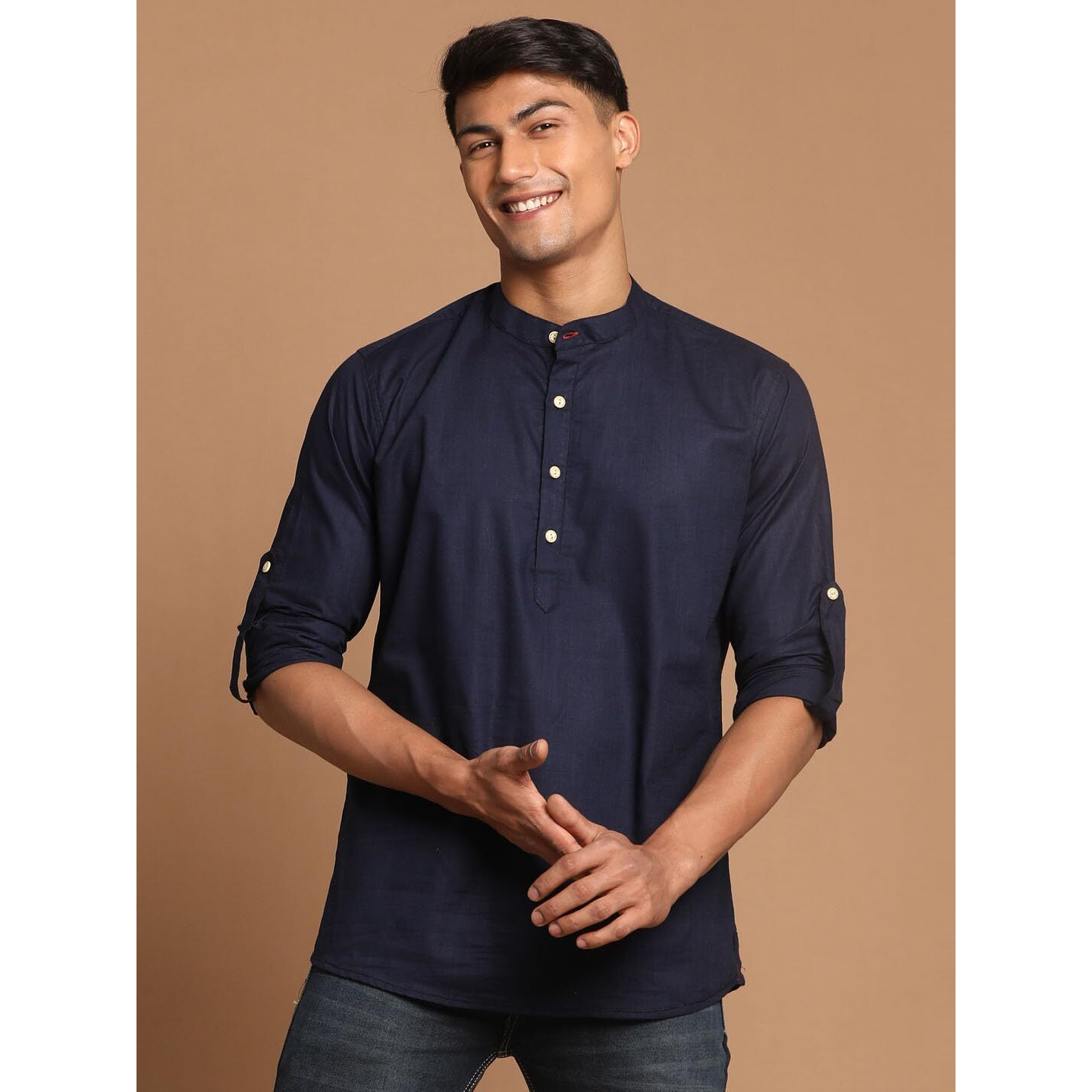 VASTRAMAY Men's Navy Blue Cotton Blend Short Kurta-VASMXK015NB_42