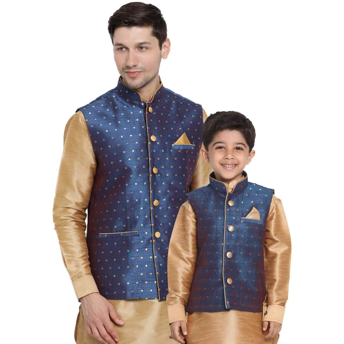 VASTRAMAY Men's Cotton Silk Blend Regular Nehru Jacket (VASBBJ009BU_46/22_Deep Blue_Man Boy-(3-4 Years))