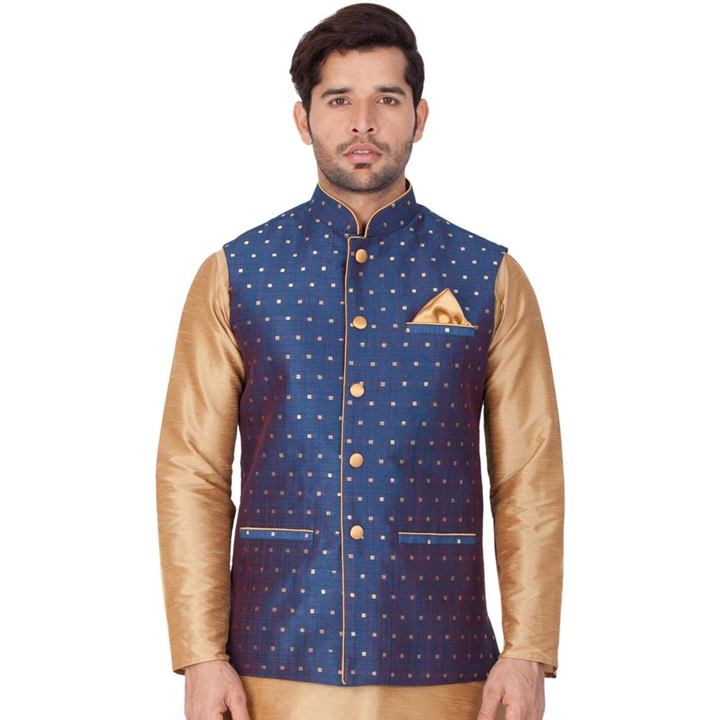 VASTRAMAY Men's Cotton Silk Blend Regular Nehru Jacket (VASBBJ009BU_46/22_Deep Blue_Man Boy-(3-4 Years))