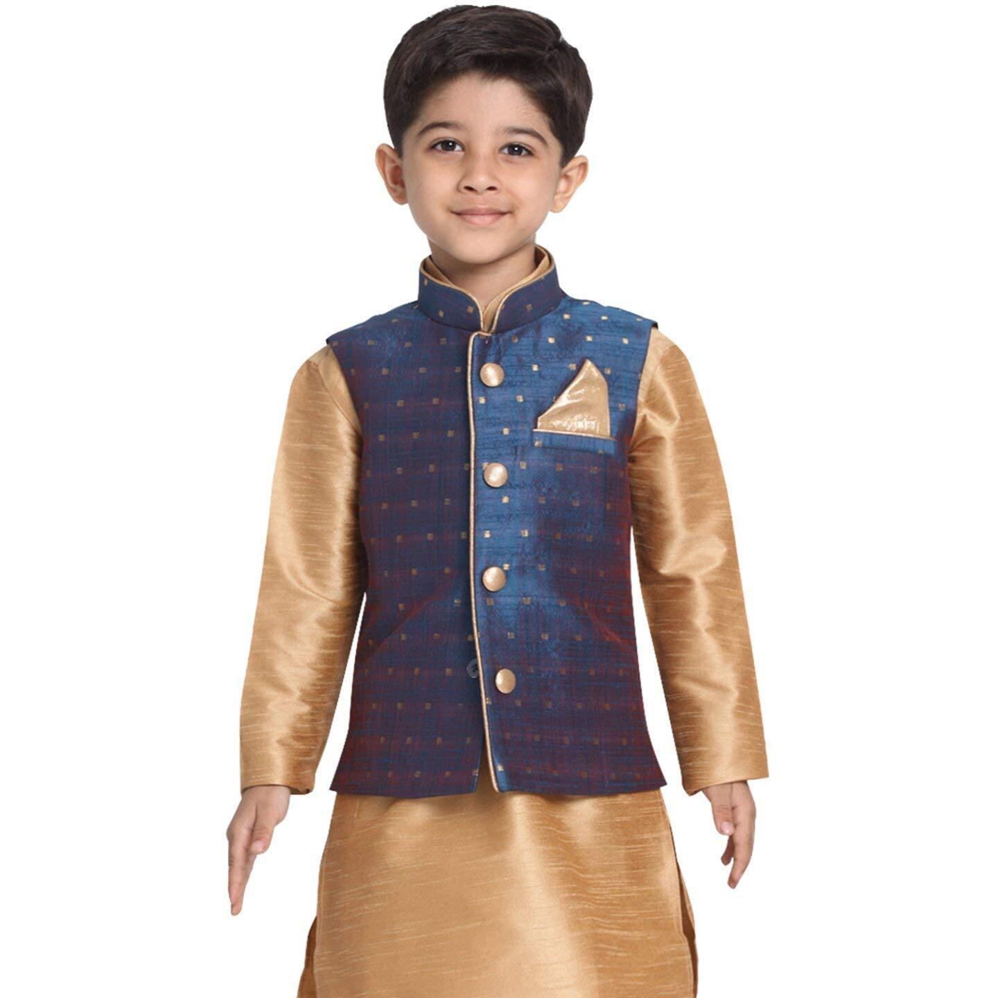 VASTRAMAY Men's Cotton Silk Blend Regular Nehru Jacket (VASBBJ009BU_46/22_Deep Blue_Man Boy-(3-4 Years))