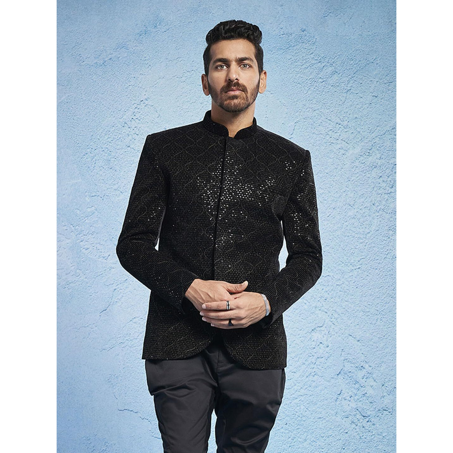 VASTRAMAY Men's Black - Jodhpuri - Velvet Sequined Embroidered Jodhpuri