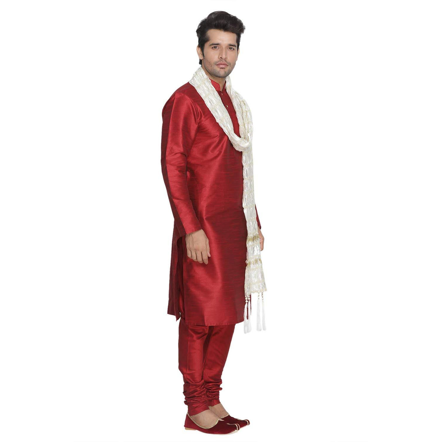 VASTRAMAY Men Maroon Cotton Silk Kurta Pyjama and Dupatta Set (VASMKMA001nPMAnD5WH_46)