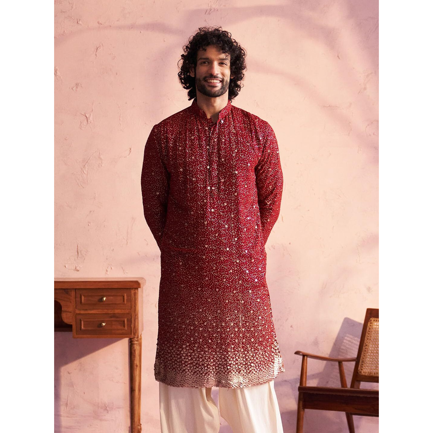VASTRAMAY Men's Maroon Georgette Kurta_VSHRMK229MA_36
