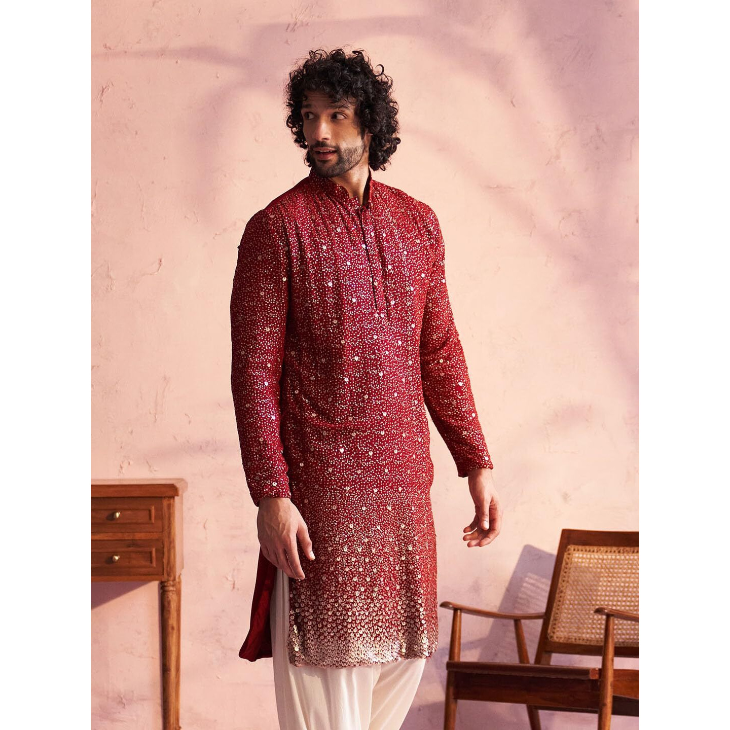 VASTRAMAY Men's Maroon Georgette Kurta_VSHRMK229MA_36