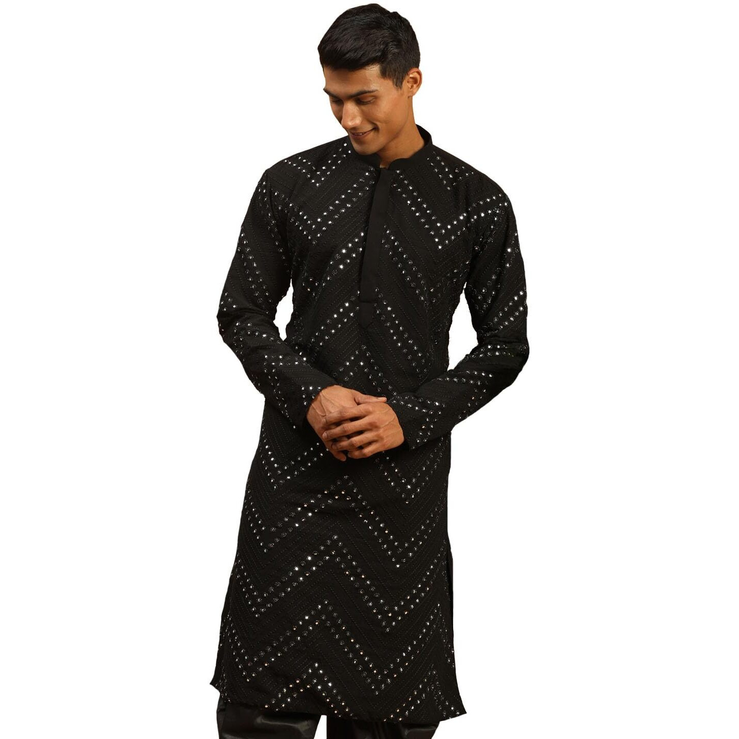 VASTRAMAY Men's Black Georgette Kurta | Mirror Work Black Georgette Kurta for Men. | Timeless Elegance for Festivals & Events | Classic Design, Premium Comfort, and Versatile Style
