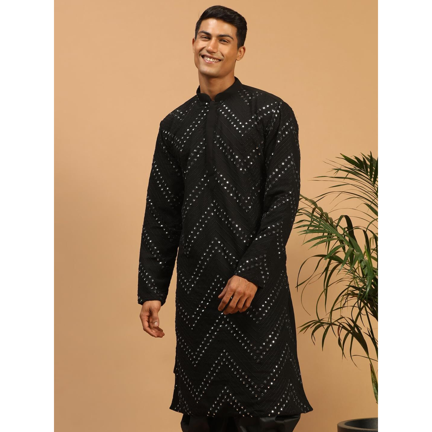 VASTRAMAY Men's Black Georgette Kurta | Mirror Work Black Georgette Kurta for Men. | Timeless Elegance for Festivals & Events | Classic Design, Premium Comfort, and Versatile Style