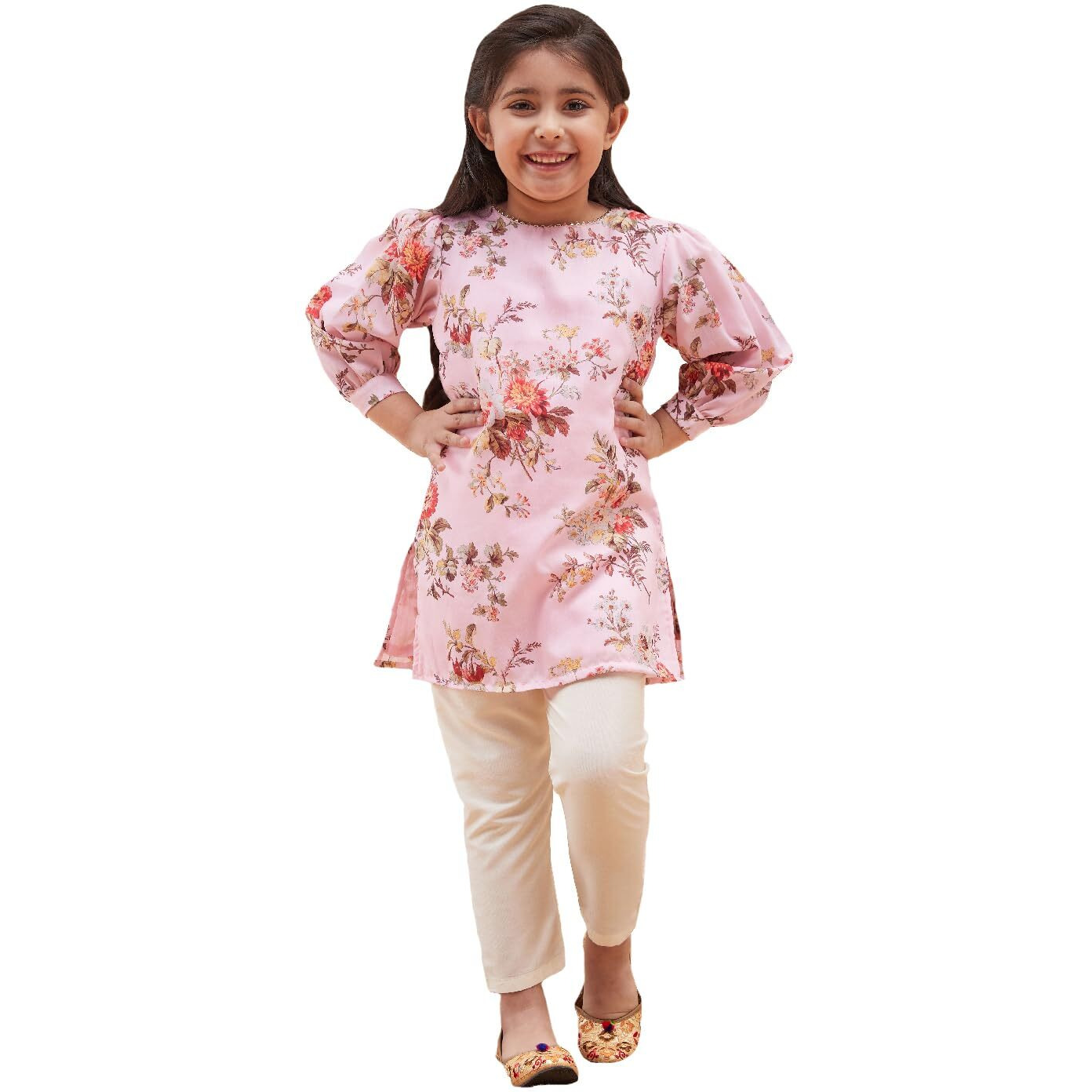 VASTRAMAY Girls' Handcrafted Kurta & Straight Pant Set  Muslin Fabric, Puff Sleeves & Embellished Neck Border