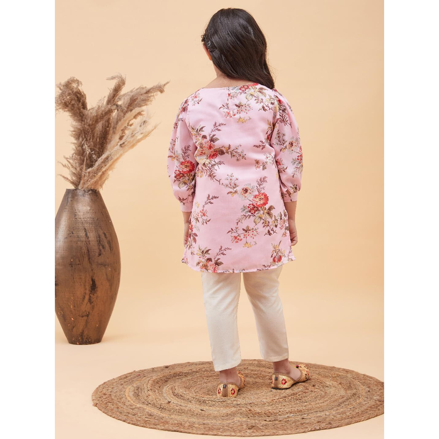 VASTRAMAY Girls' Handcrafted Kurta & Straight Pant Set  Muslin Fabric, Puff Sleeves & Embellished Neck Border